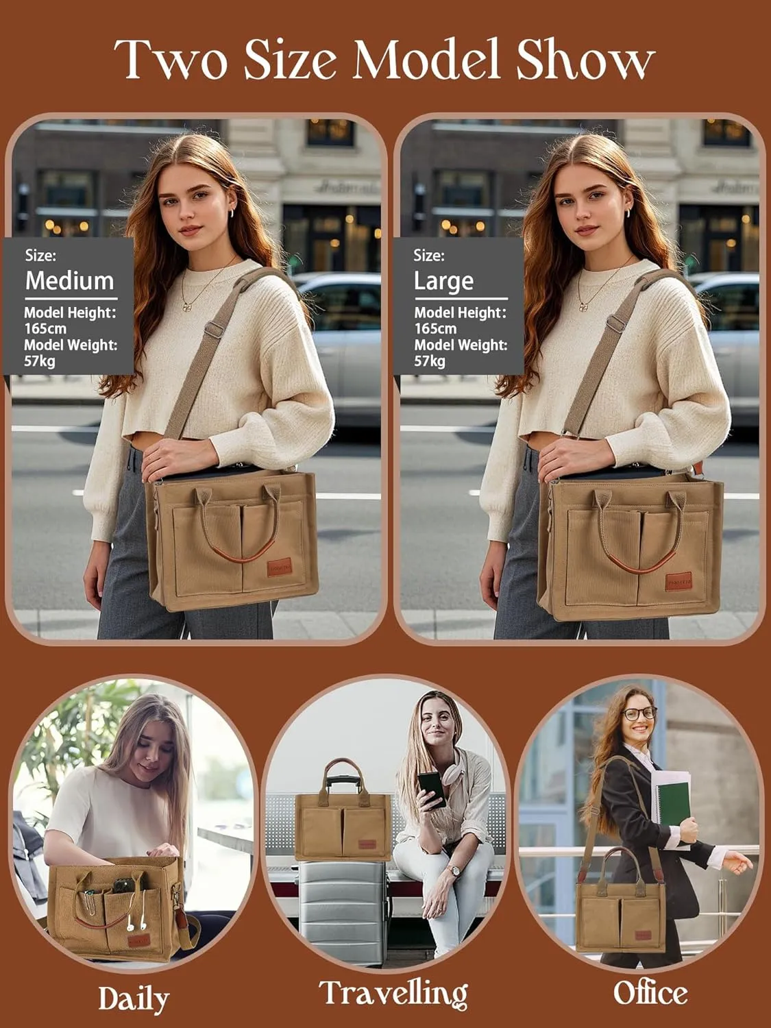 FIORETTO Canvas Tote Bag for Women with Zipper Closure & Individual Compartments for Work College for Teacher & Nurse