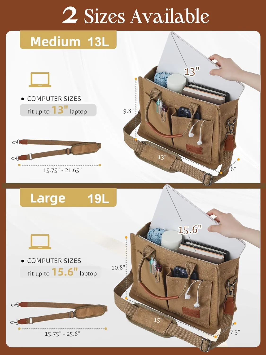 FIORETTO Canvas Tote Bag for Women with Zipper Closure & Individual Compartments for Work College for Teacher & Nurse