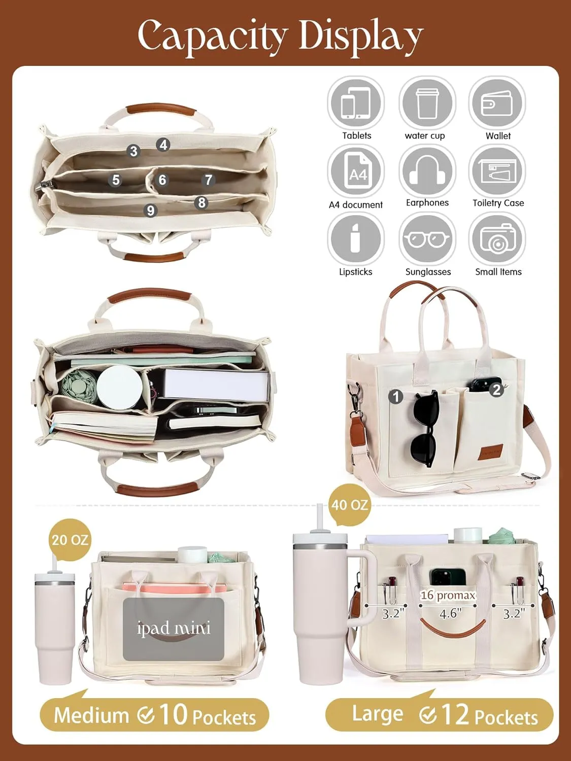 FIORETTO Canvas Tote Bag for Women with Zipper Closure & Individual Compartments for Work College for Teacher & Nurse