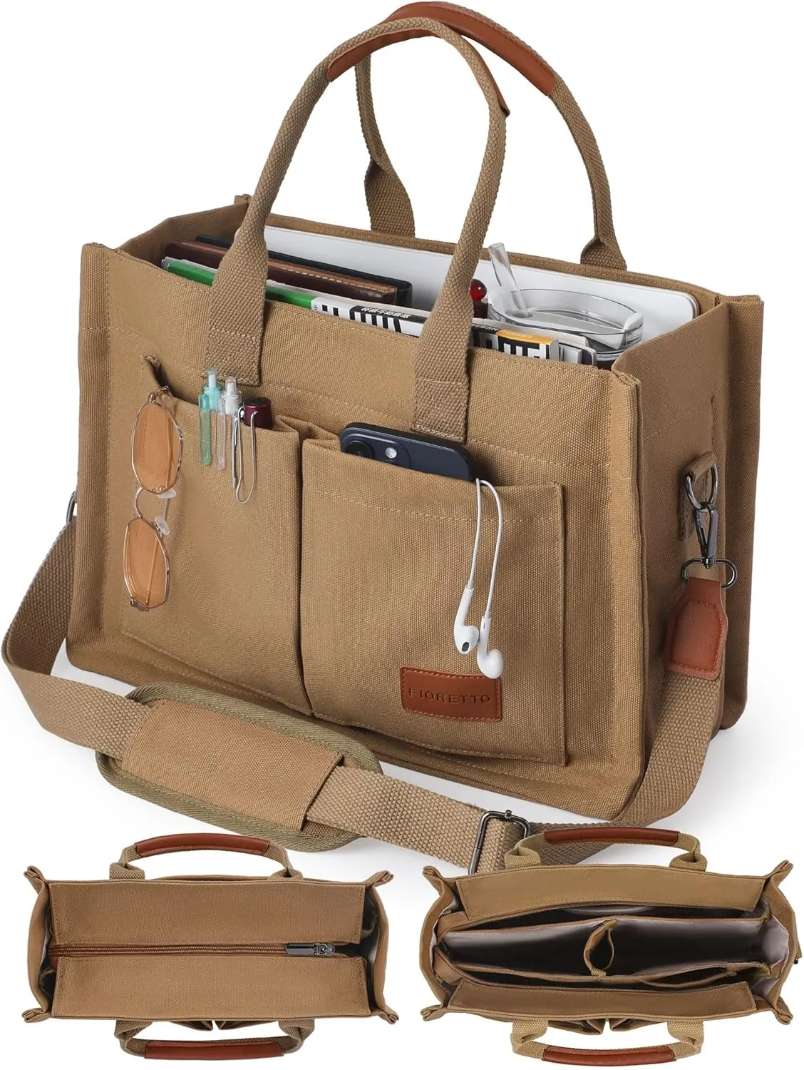 FIORETTO Canvas Tote Bag for Women with Zipper Closure & Individual Compartments for Work College for Teacher & Nurse