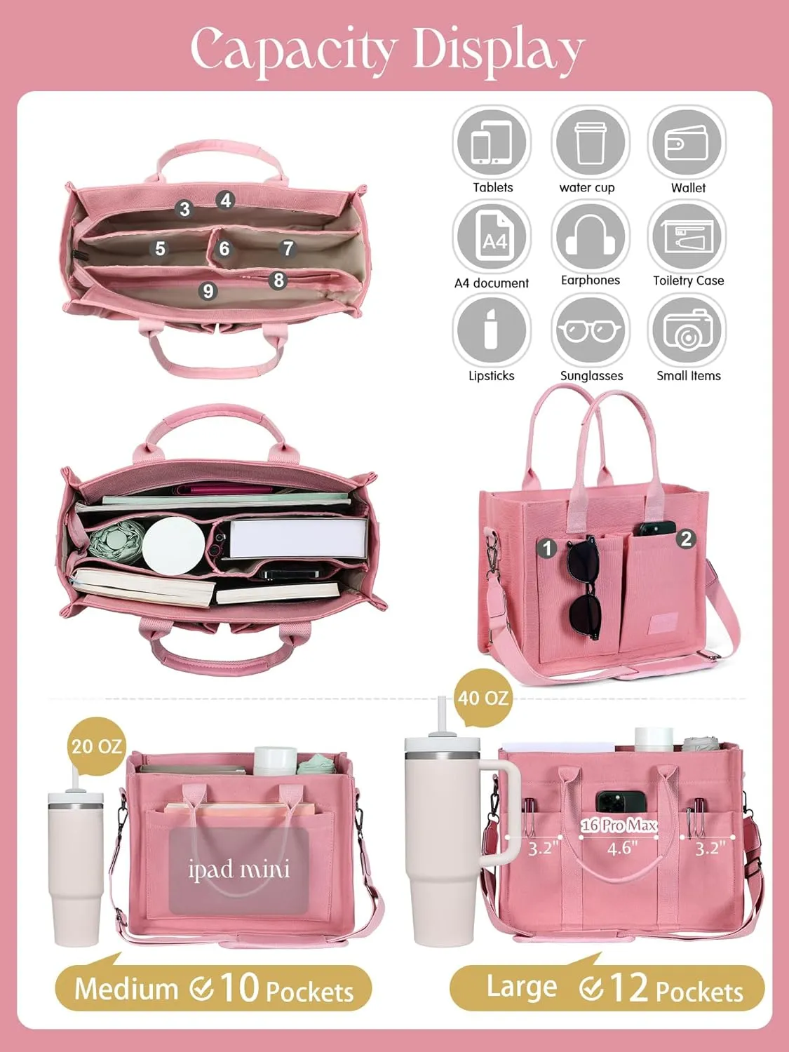 FIORETTO Canvas Tote Bag for Women with Zipper Closure & Individual Compartments for Work College for Teacher & Nurse