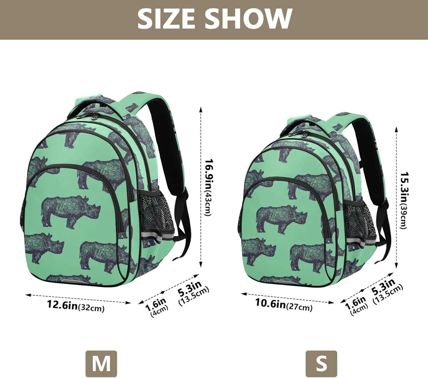 Fisyme Rhino Rhinoceros Green Backpack Laptop Back Pack Daycare Bag Bookbag Travel School Backpacks Small