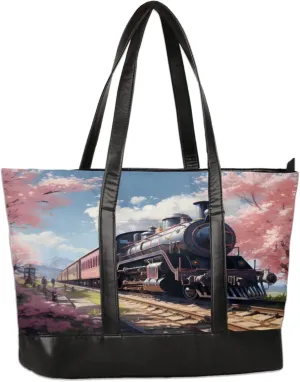 Floral Vintage Train Scenery Laptop Tote Bag for Women Lightweight Work Purse with Multiple Compartments Fits 13-15.6 Inch Laptop Tablet Shoulder Bag for Office Travel Daily Use