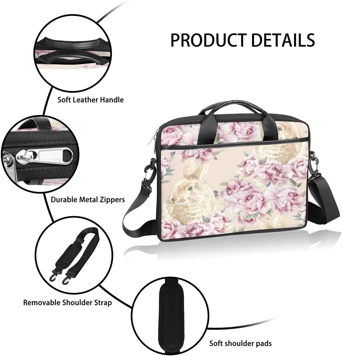 Flower Rabbit Laptop Bag for Men Women 13-15 Inch Case Bags Sleeve Shoulder with Anti Slip Removable The Pad Straps(15x1x11inches)