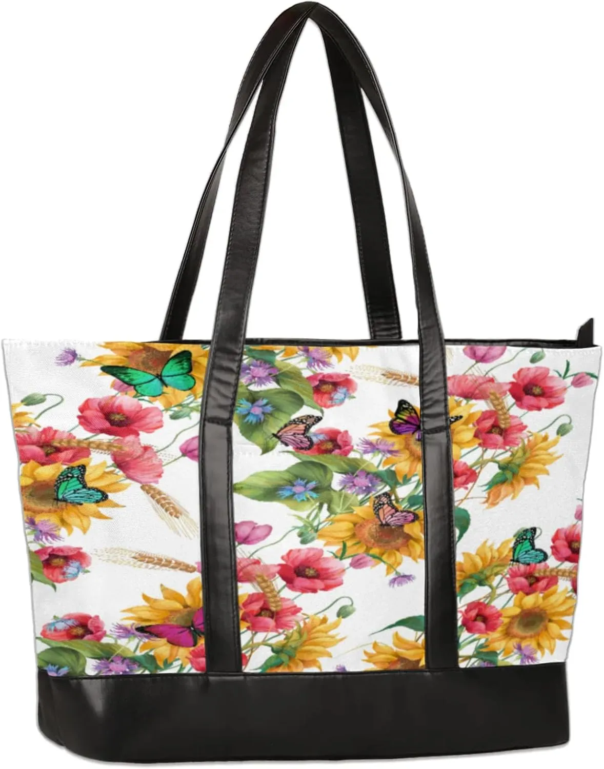 Flower Wheat Butterfly Laptop Tote Bag for Women Lightweight Work Purse with Multiple Compartments Fits 13-15.6 Inch Laptop Tablet Shoulder Bag for Office Travel Daily Use