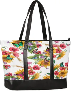 Flower Wheat Butterfly Laptop Tote Bag for Women Lightweight Work Purse with Multiple Compartments Fits 13-15.6 Inch Laptop Tablet Shoulder Bag for Office Travel Daily Use