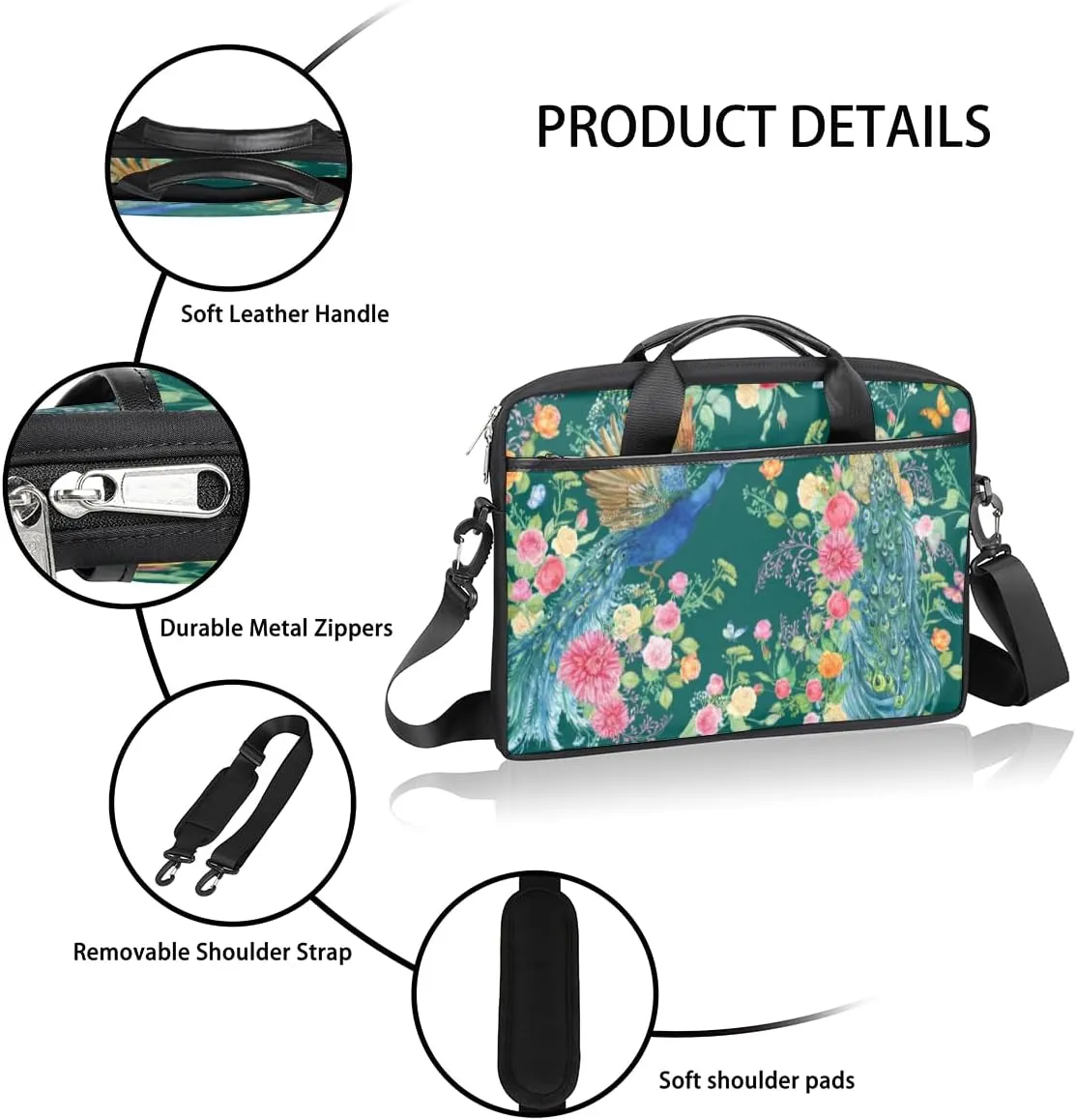 Flowers Peacock Laptop Bag for Men Women 13-15 Inch Case Bags Sleeve Shoulder with Anti Slip Removable The Pad Straps(15x1x11inches)