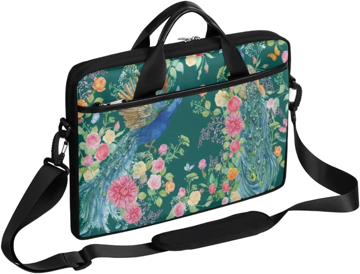 Flowers Peacock Laptop Bag for Men Women 13-15 Inch Case Bags Sleeve Shoulder with Anti Slip Removable The Pad Straps(15x1x11inches)