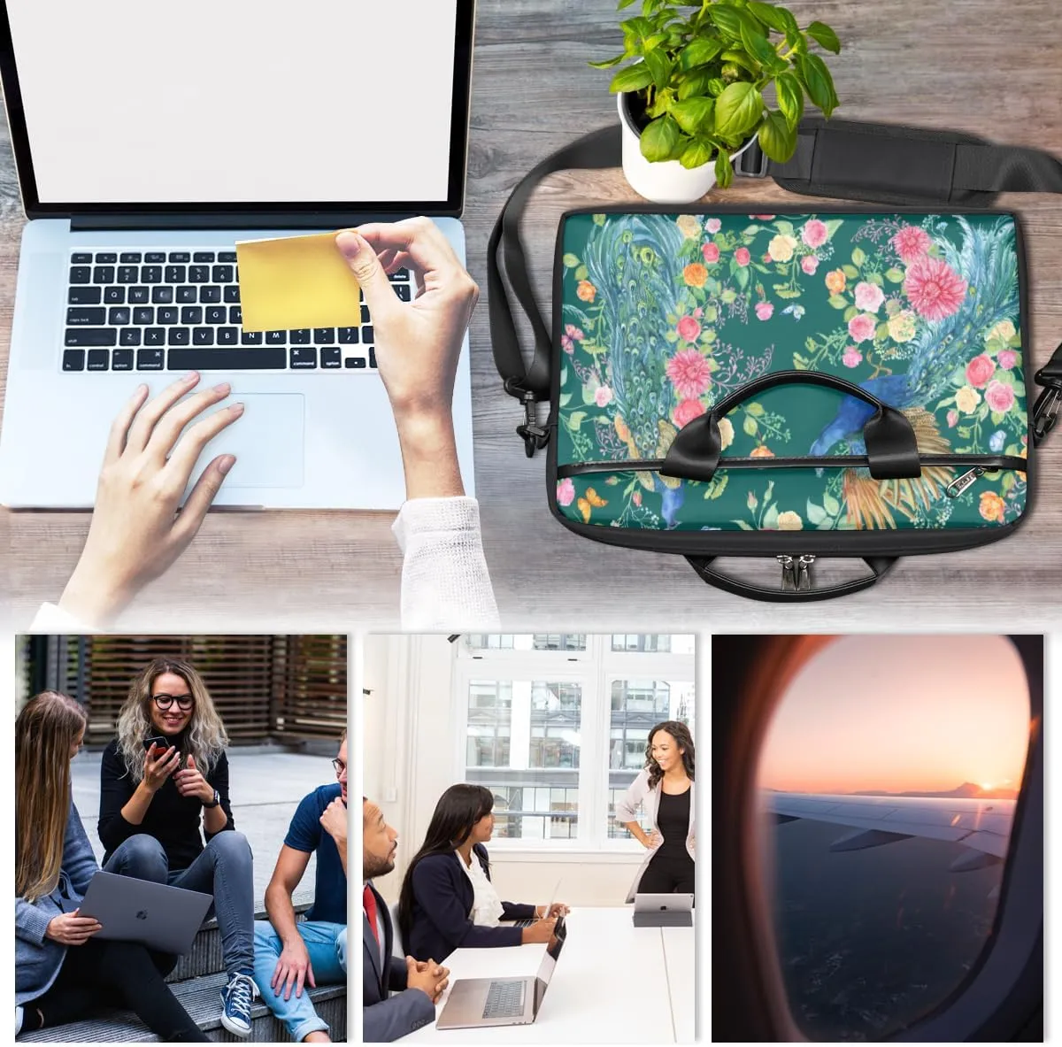 Flowers Peacock Laptop Bag for Men Women 13-15 Inch Case Bags Sleeve Shoulder with Anti Slip Removable The Pad Straps(15x1x11inches)