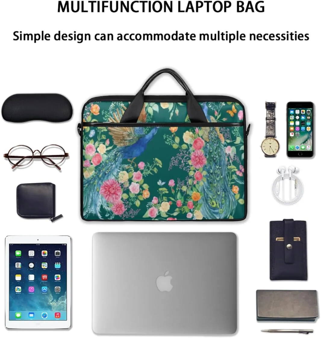 Flowers Peacock Laptop Bag for Men Women 13-15 Inch Case Bags Sleeve Shoulder with Anti Slip Removable The Pad Straps(15x1x11inches)