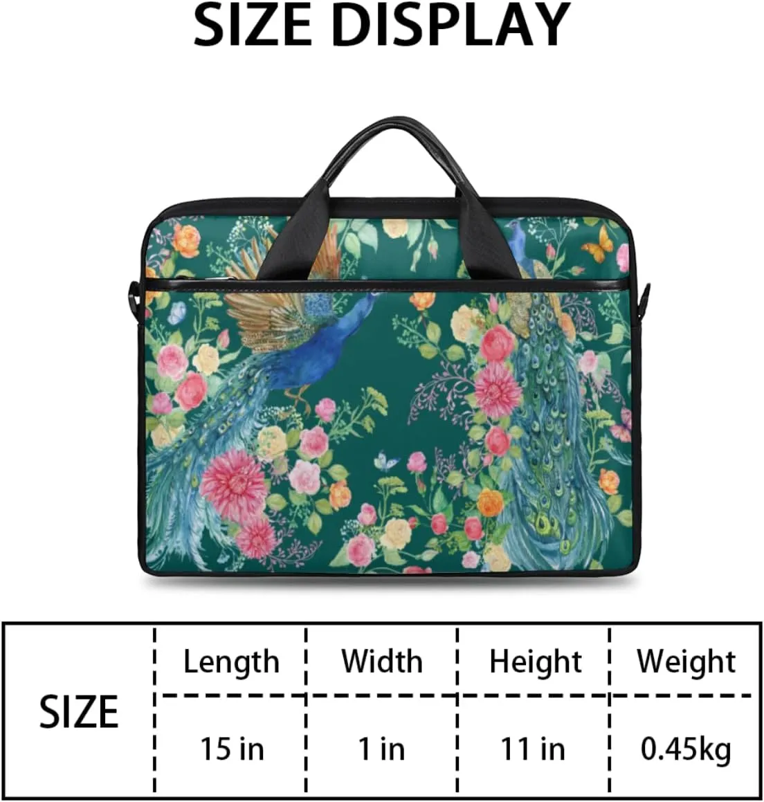 Flowers Peacock Laptop Bag for Men Women 13-15 Inch Case Bags Sleeve Shoulder with Anti Slip Removable The Pad Straps(15x1x11inches)