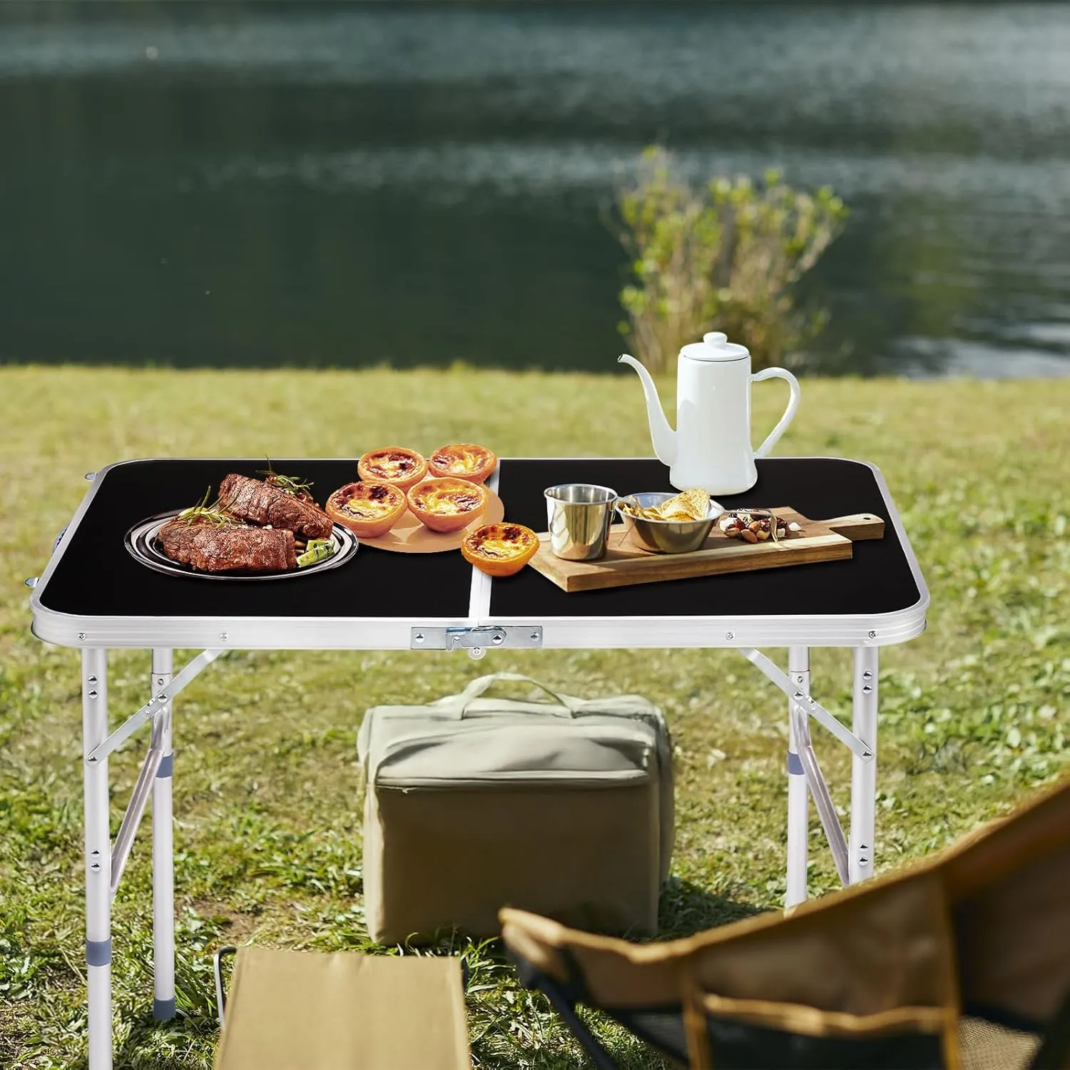 Folding Camping Table 3ft Portable Picnic Table Aluminum Foldable Small Card Table with Carry Handle for Outdoor Indoor Hiking Camp BBQ Beach (Black)