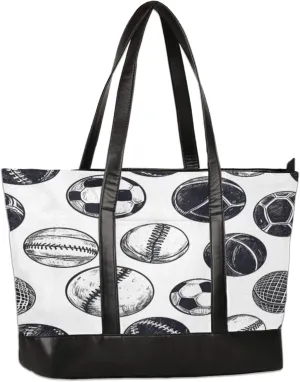 Football Basketball Volleyball Hand Drawing Laptop Tote Bag for Women Lightweight Work Purse with Multiple Compartments Fits 13-15.6 Inch Laptop Tablet Shoulder Bag for Office Travel Daily Use