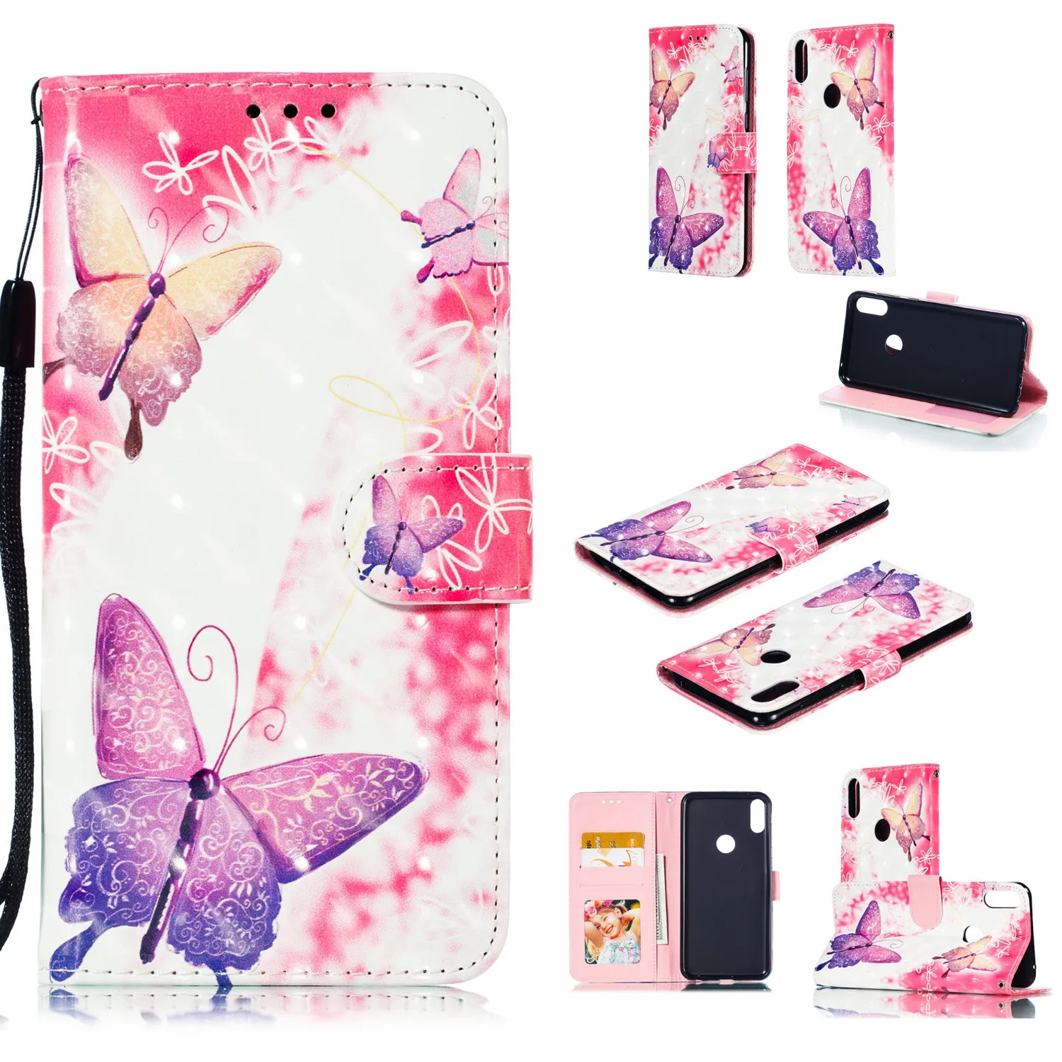 For ASUS ZENFONE MAX Pro M1/ZB601KL/ZB602KL 3D Coloured Painted PU Magnetic Clasp Phone Case with Card Slots Bracket Lanyard Butterfly