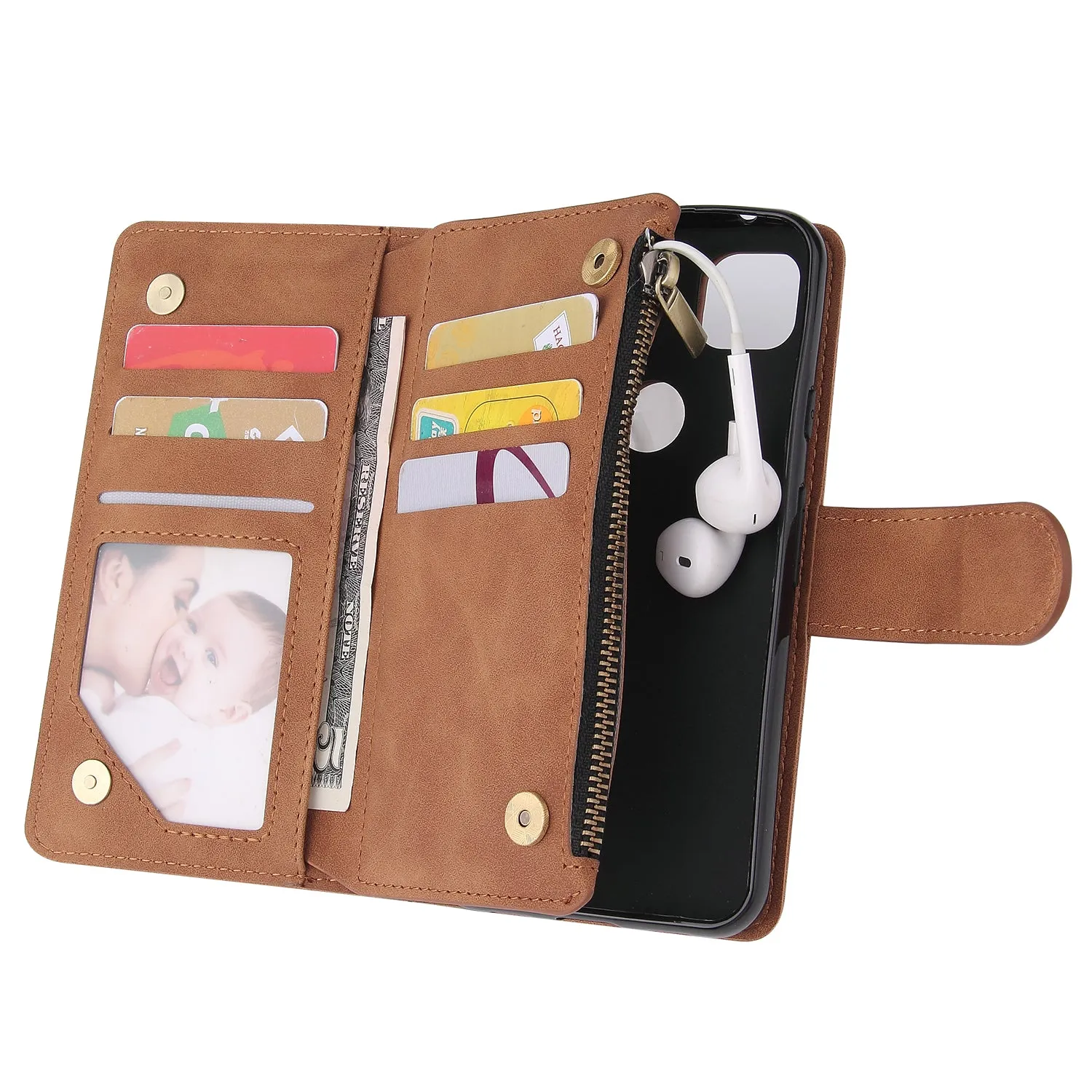 For Google Pixel 4A  Leather Mobile Phone Cover with Cards Slot Zipper Purse Phone Bracket 3 brown