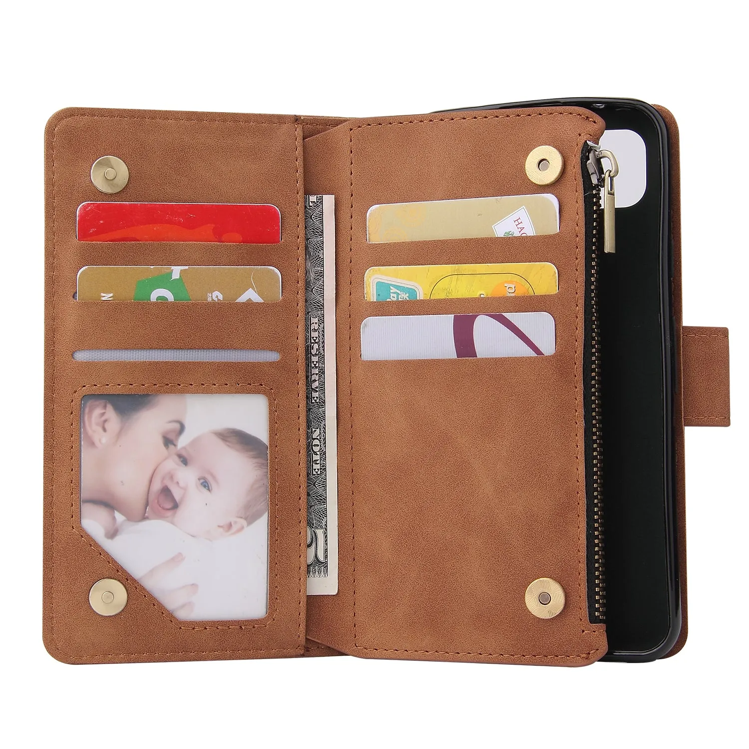 For Google Pixel 4A  Leather Mobile Phone Cover with Cards Slot Zipper Purse Phone Bracket 3 brown