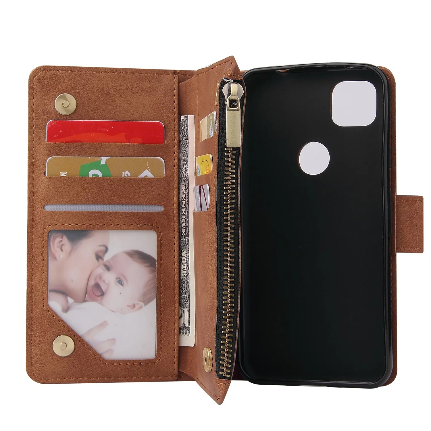 For Google Pixel 4A  Leather Mobile Phone Cover with Cards Slot Zipper Purse Phone Bracket 3 brown