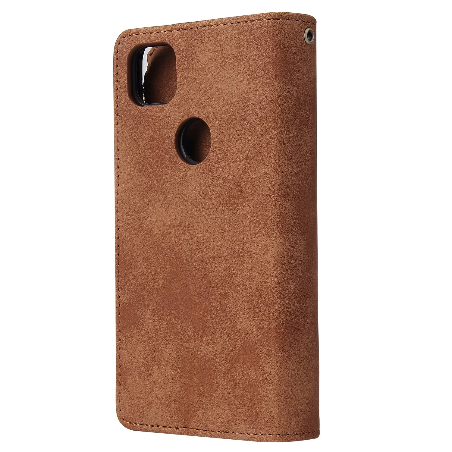 For Google Pixel 4A  Leather Mobile Phone Cover with Cards Slot Zipper Purse Phone Bracket 3 brown