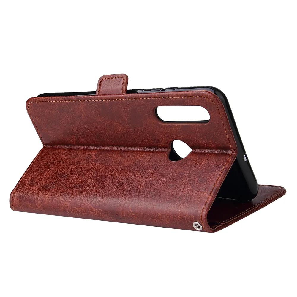 For Huawei Enjoy 9-Y7 2019-Y7 PRIME 2019 with fingerprint hole - Y7 PRO 2019 Solid Color PU Leather Zipper Wallet Double Buckle Protective Case with Stand & Lanyard brown