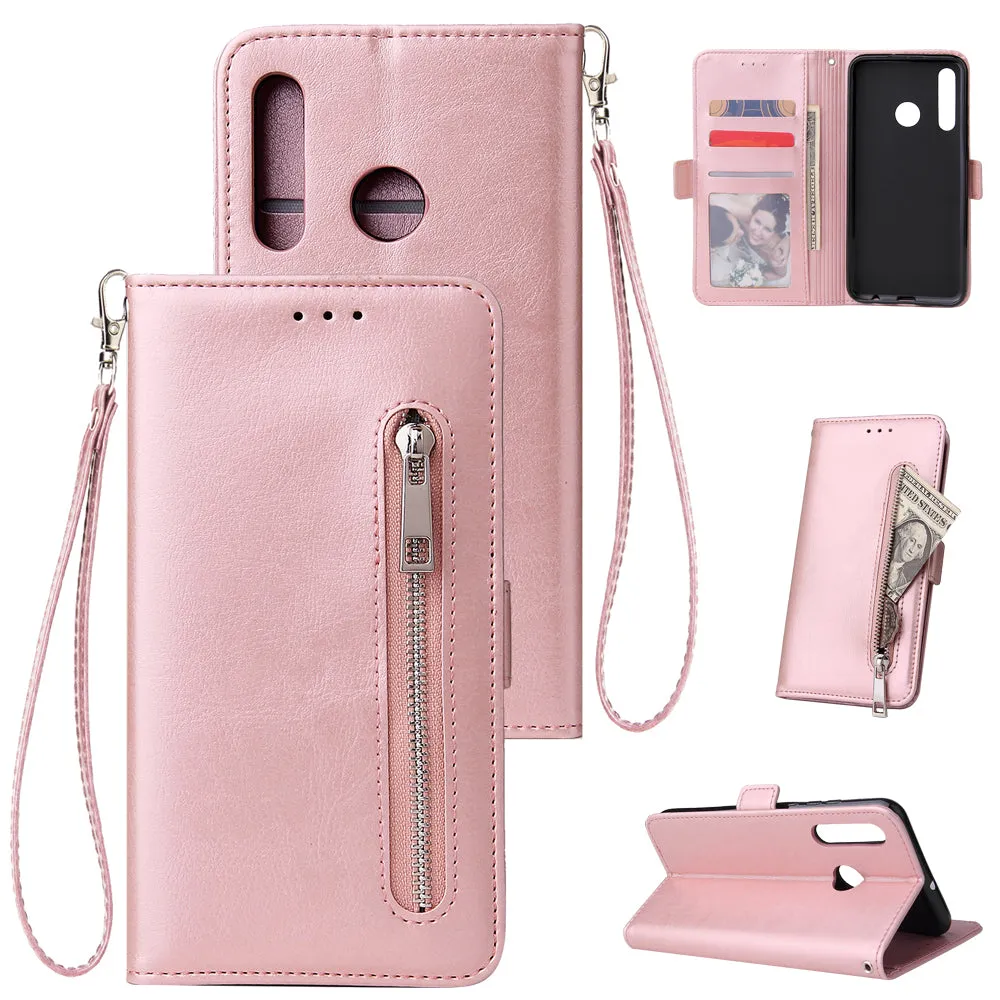 For Huawei Enjoy 9-Y7 2019-Y7 PRIME 2019 with fingerprint hole - Y7 PRO 2019 Solid Color PU Leather Zipper Wallet Double Buckle Protective Case with Stand & Lanyard brown