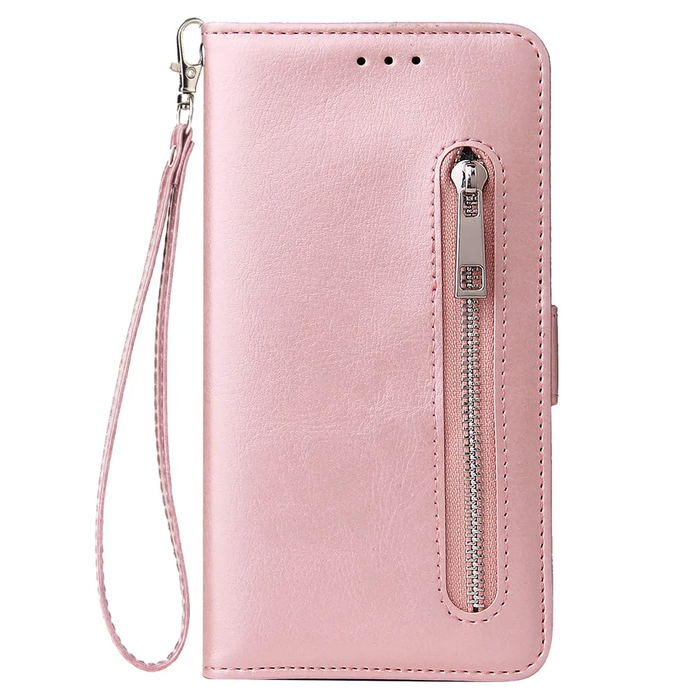 For Huawei Enjoy 9-Y7 2019-Y7 PRIME 2019 with fingerprint hole - Y7 PRO 2019 Solid Color PU Leather Zipper Wallet Double Buckle Protective Case with Stand & Lanyard gold
