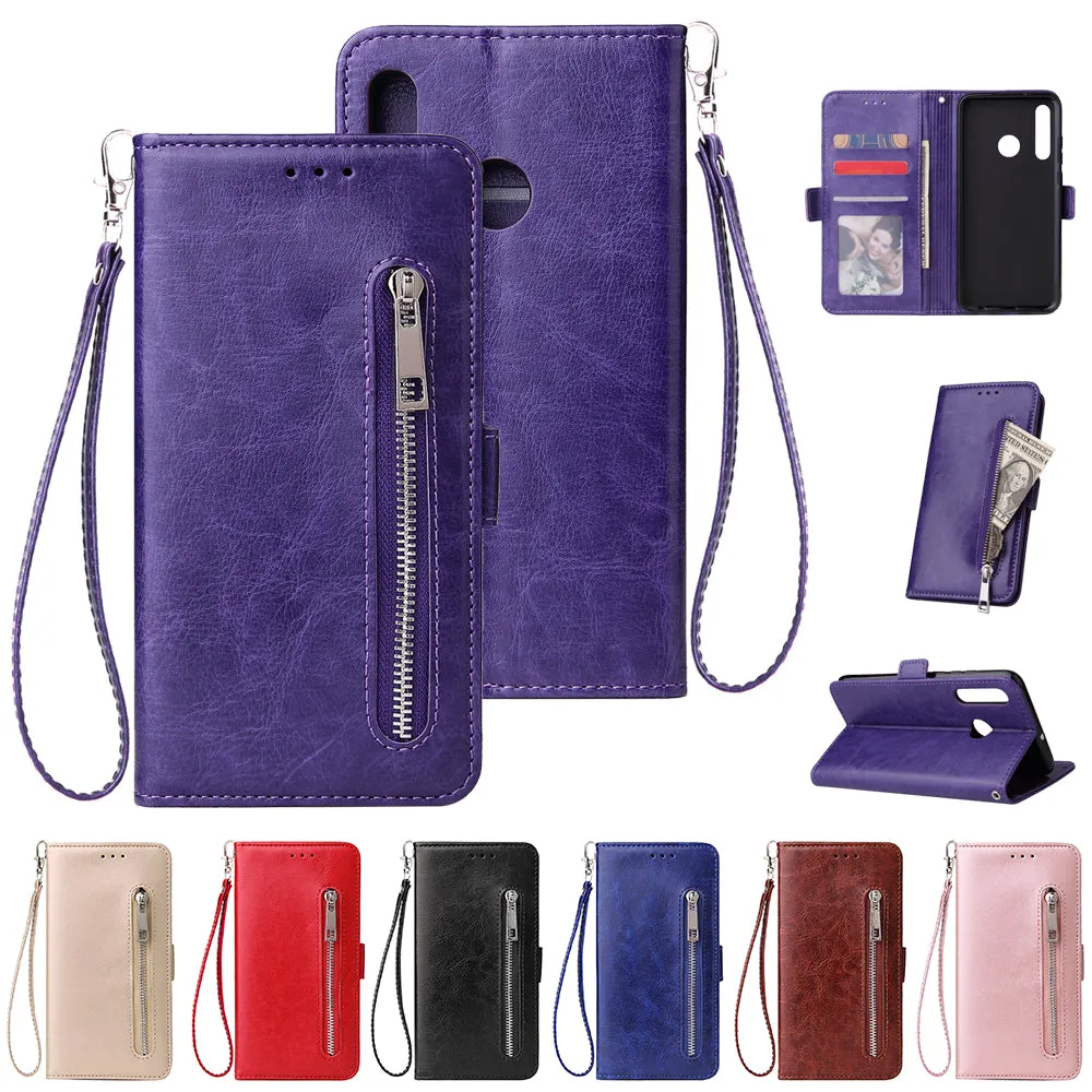 For Huawei Enjoy 9-Y7 2019-Y7 PRIME 2019 with fingerprint hole - Y7 PRO 2019 Solid Color PU Leather Zipper Wallet Double Buckle Protective Case with Stand & Lanyard gold