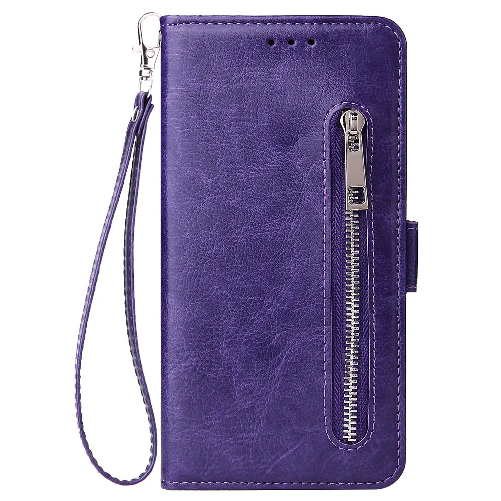 For Huawei Enjoy 9-Y7 2019-Y7 PRIME 2019 with fingerprint hole - Y7 PRO 2019 Solid Color PU Leather Zipper Wallet Double Buckle Protective Case with Stand & Lanyard purple