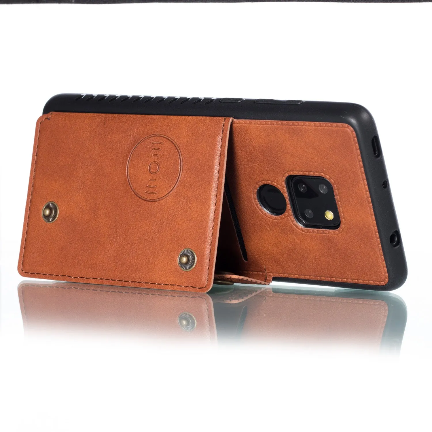 For HUAWEI MATE 20 Double Buckle Non-slip Shockproof Cell Phone Case with Card Slot Bracket Light Brown