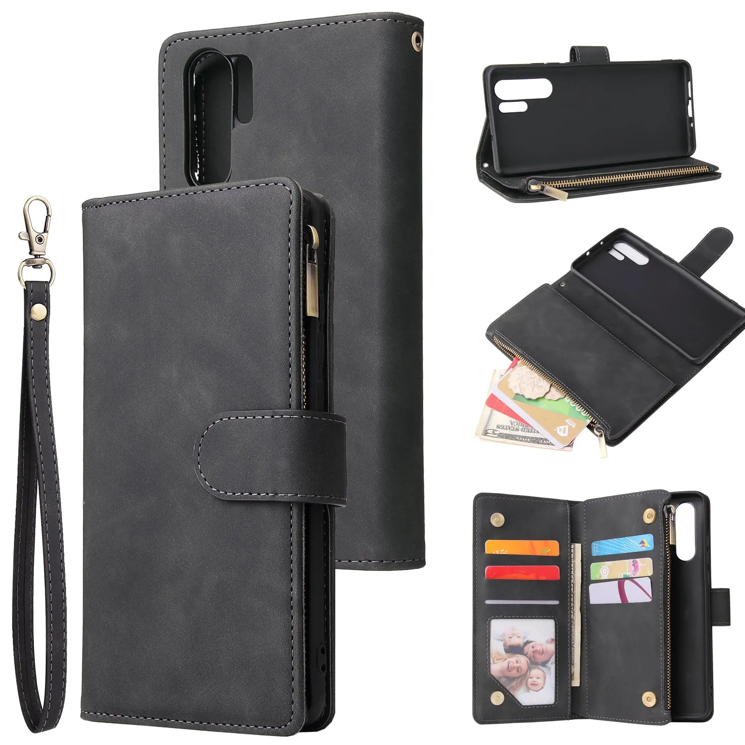For HUAWEI P30 HUAWEI P30 lite HUAWEI P30 pro Multi-card Bracket Coin Wallet Zipper Mobile Phone PU Leather Phone Case  1 black