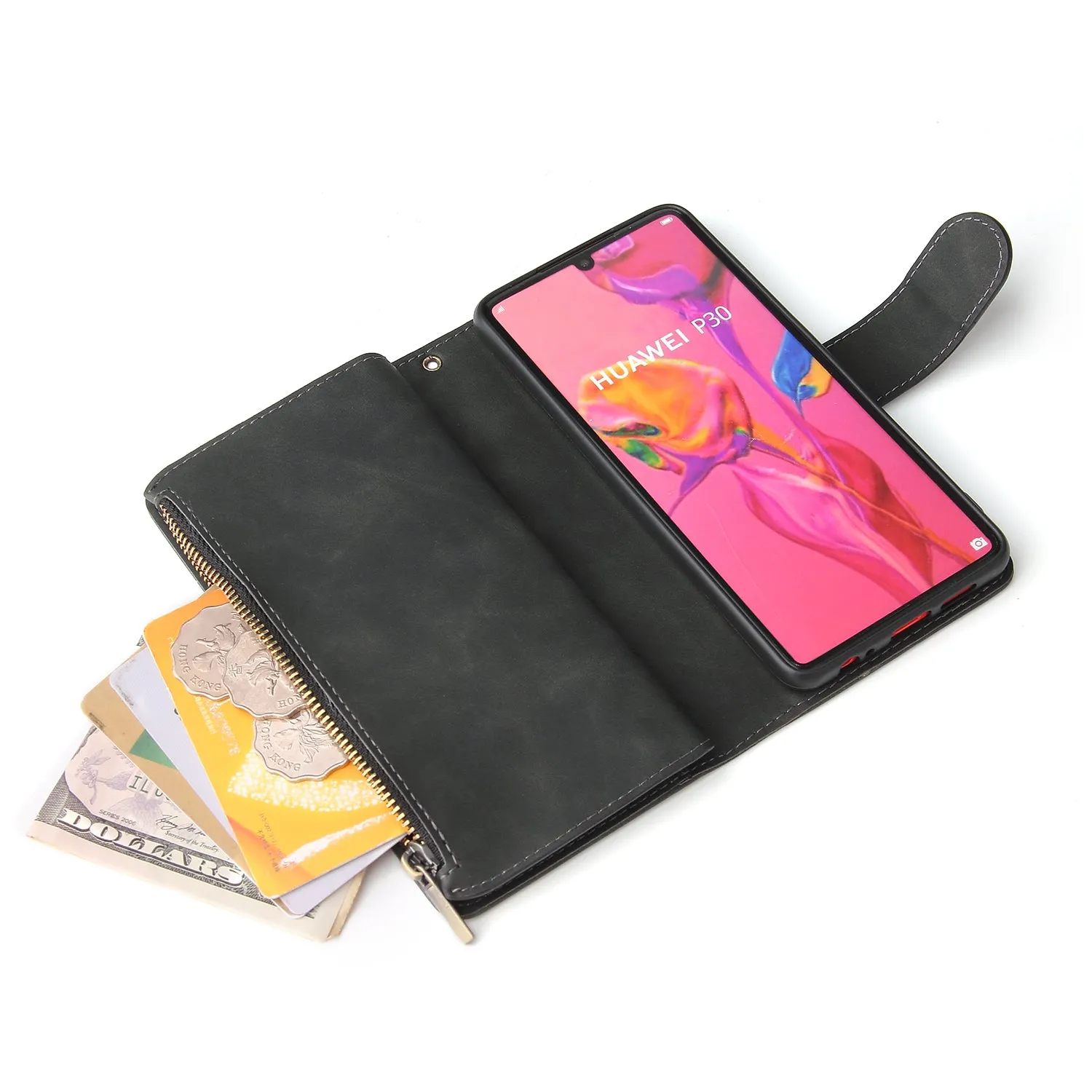 For HUAWEI P30 HUAWEI P30 lite HUAWEI P30 pro Multi-card Bracket Coin Wallet Zipper Mobile Phone PU Leather Phone Case  1 black