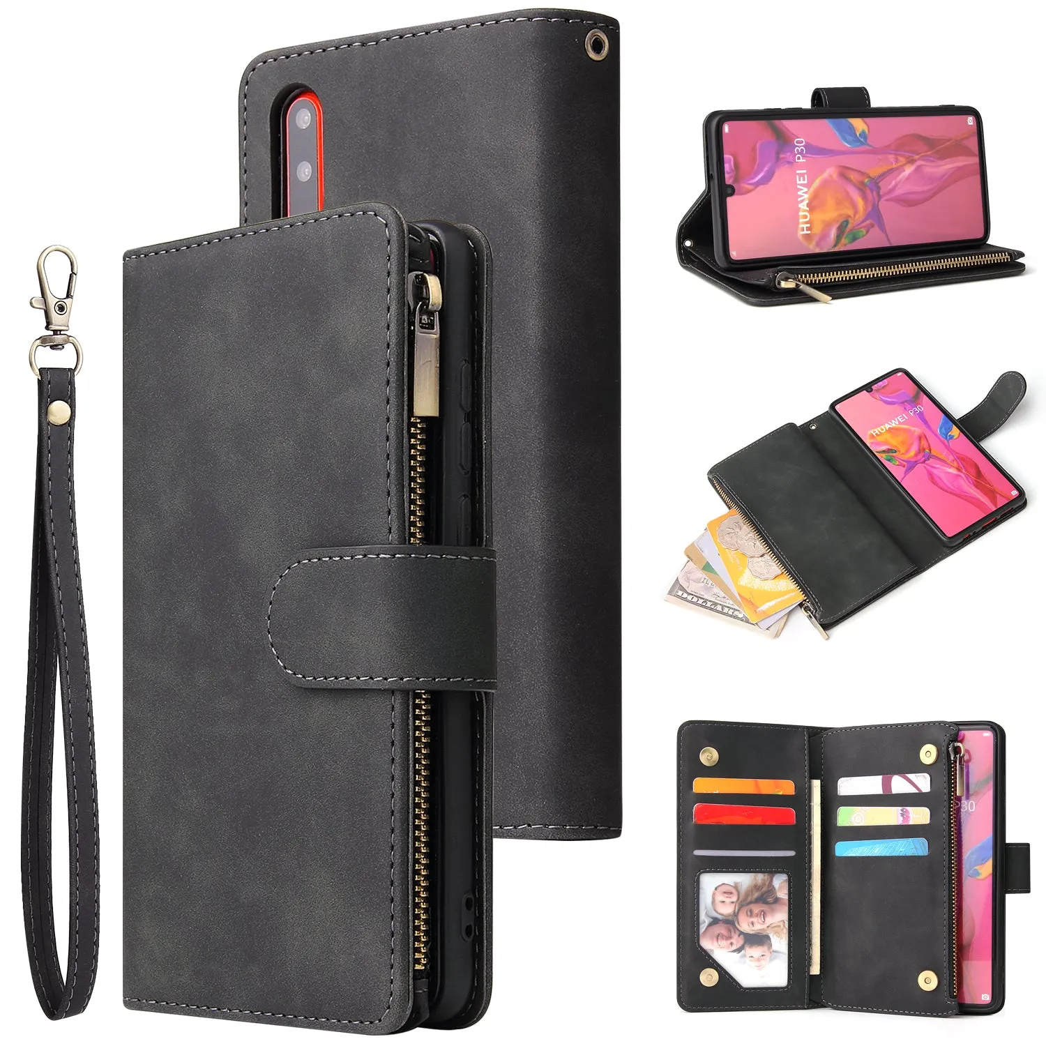 For HUAWEI P30 HUAWEI P30 lite HUAWEI P30 pro Multi-card Bracket Coin Wallet Zipper Mobile Phone PU Leather Phone Case  1 black