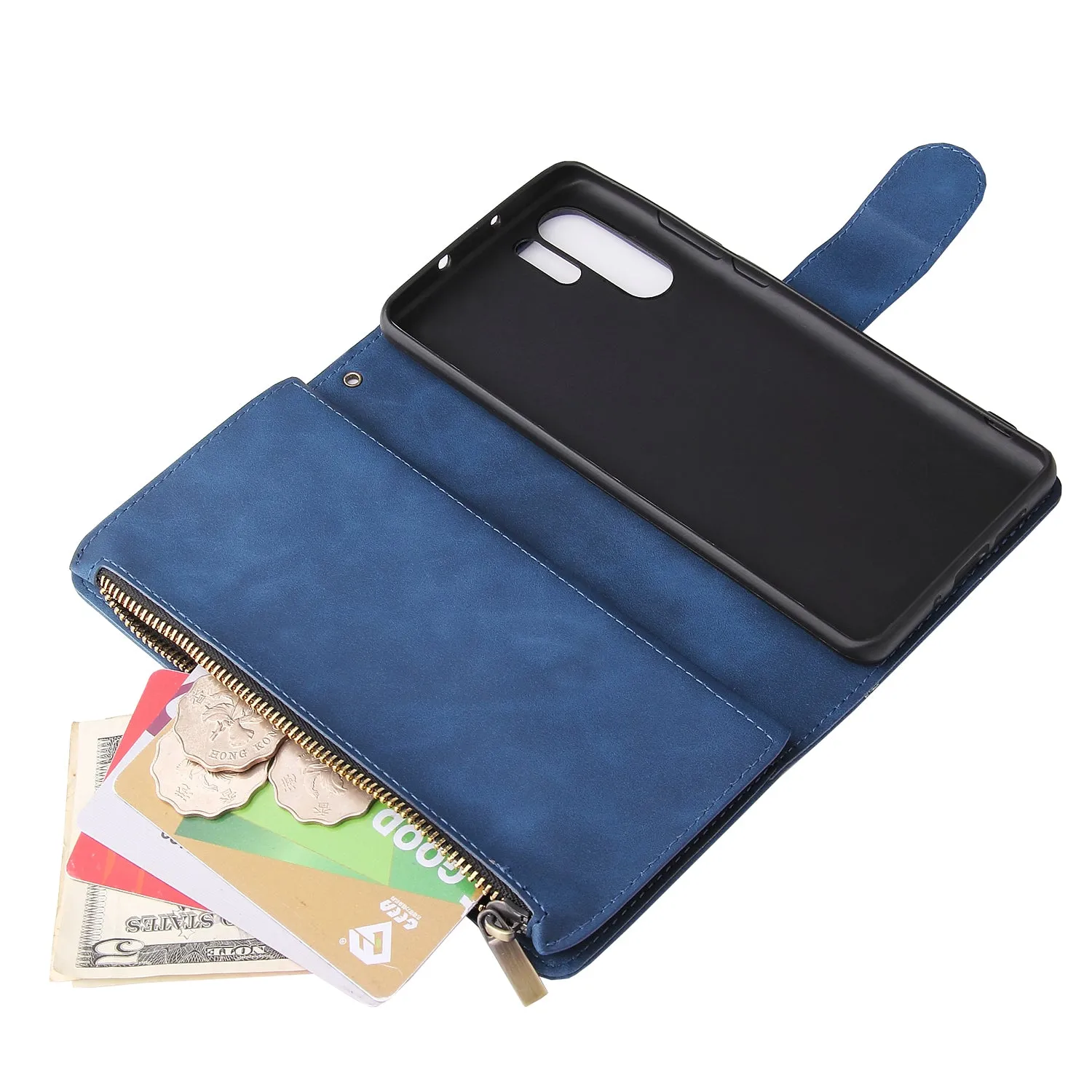 For HUAWEI P30 HUAWEI P30 lite HUAWEI P30 pro Multi-card Bracket Coin Wallet Zipper Mobile Phone PU Leather Phone Case  2 blue