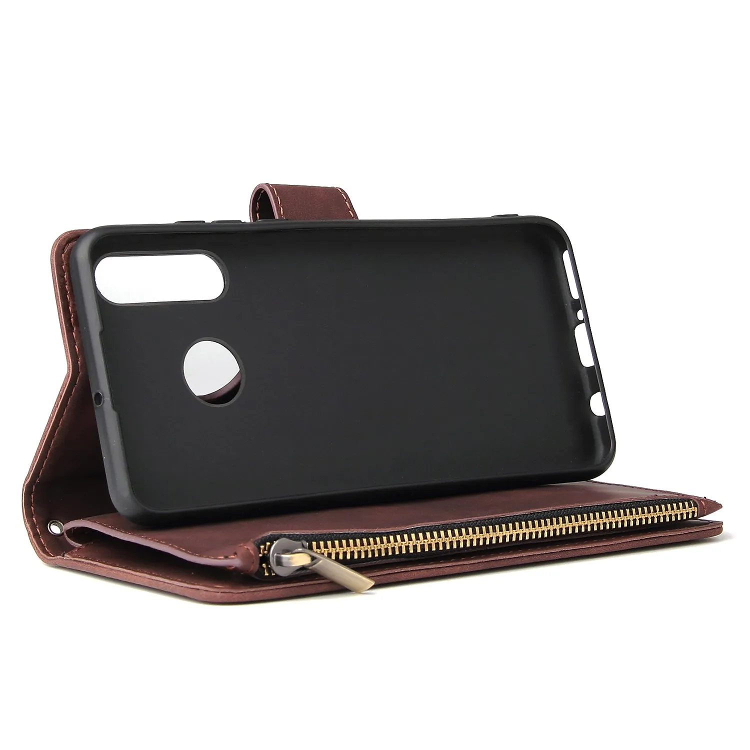 For HUAWEI P30 HUAWEI P30 lite HUAWEI P30 pro Multi-card Bracket Coin Wallet Zipper Mobile Phone PU Leather Phone Case  3 brown