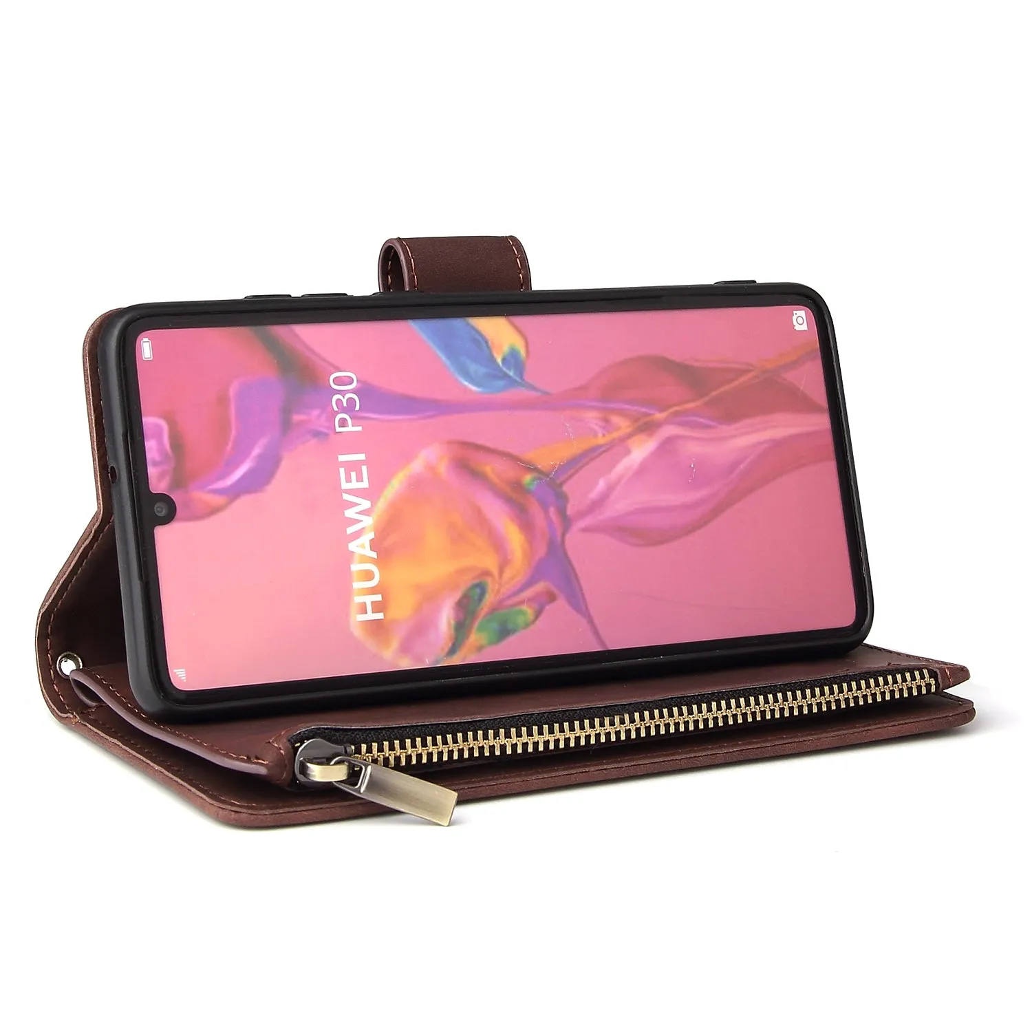 For HUAWEI P30 HUAWEI P30 lite HUAWEI P30 pro Multi-card Bracket Coin Wallet Zipper Mobile Phone PU Leather Phone Case  3 brown