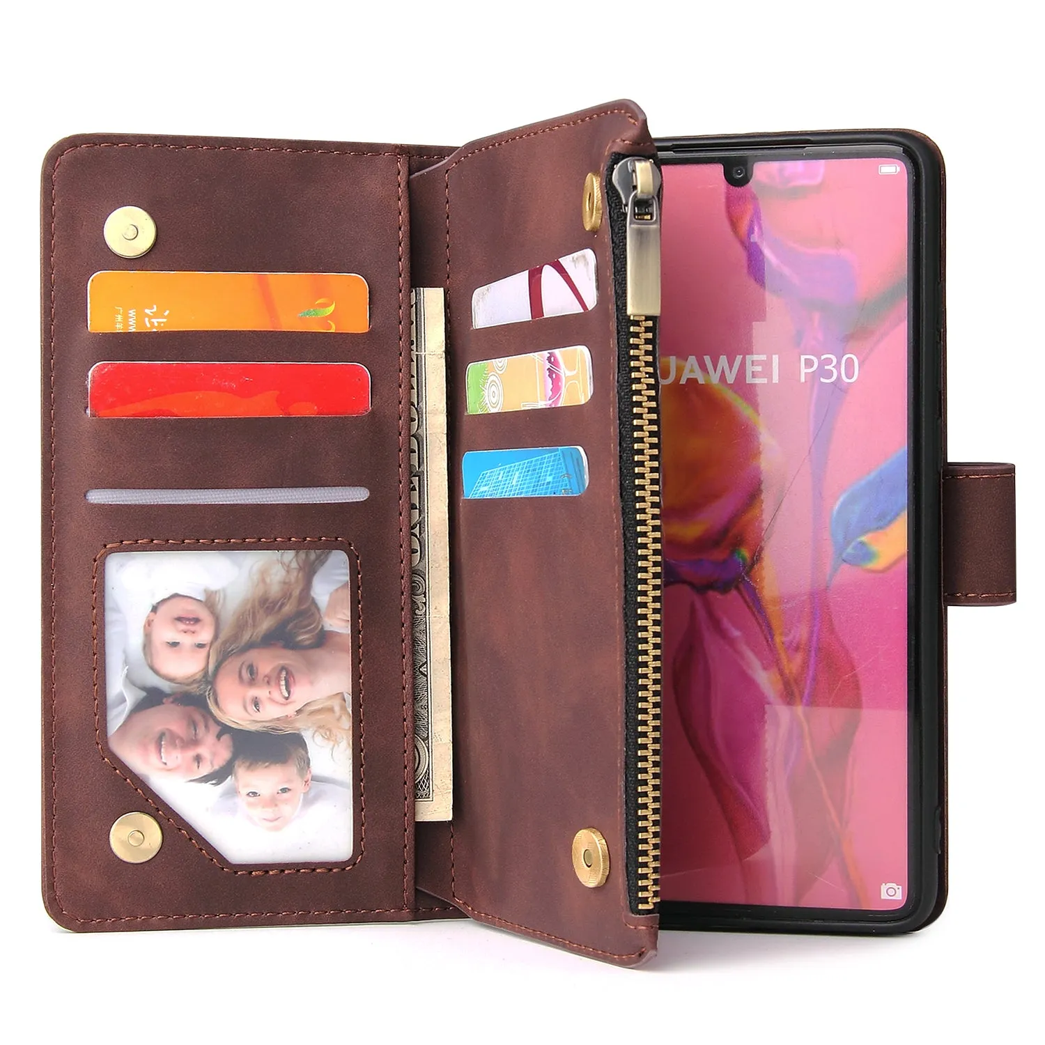 For HUAWEI P30 HUAWEI P30 lite HUAWEI P30 pro Multi-card Bracket Coin Wallet Zipper Mobile Phone PU Leather Phone Case  3 brown
