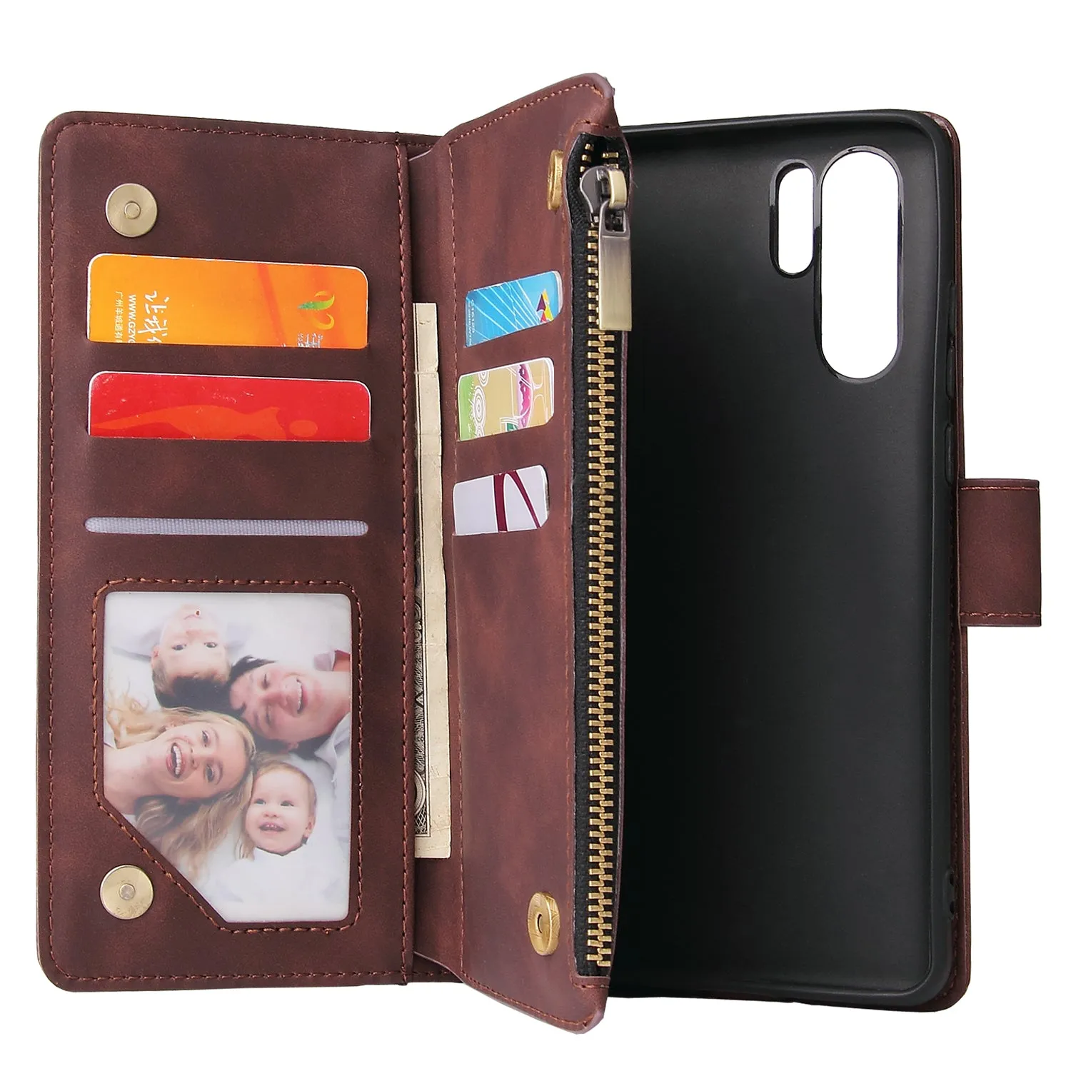 For HUAWEI P30 HUAWEI P30 lite HUAWEI P30 pro Multi-card Bracket Coin Wallet Zipper Mobile Phone PU Leather Phone Case  3 brown