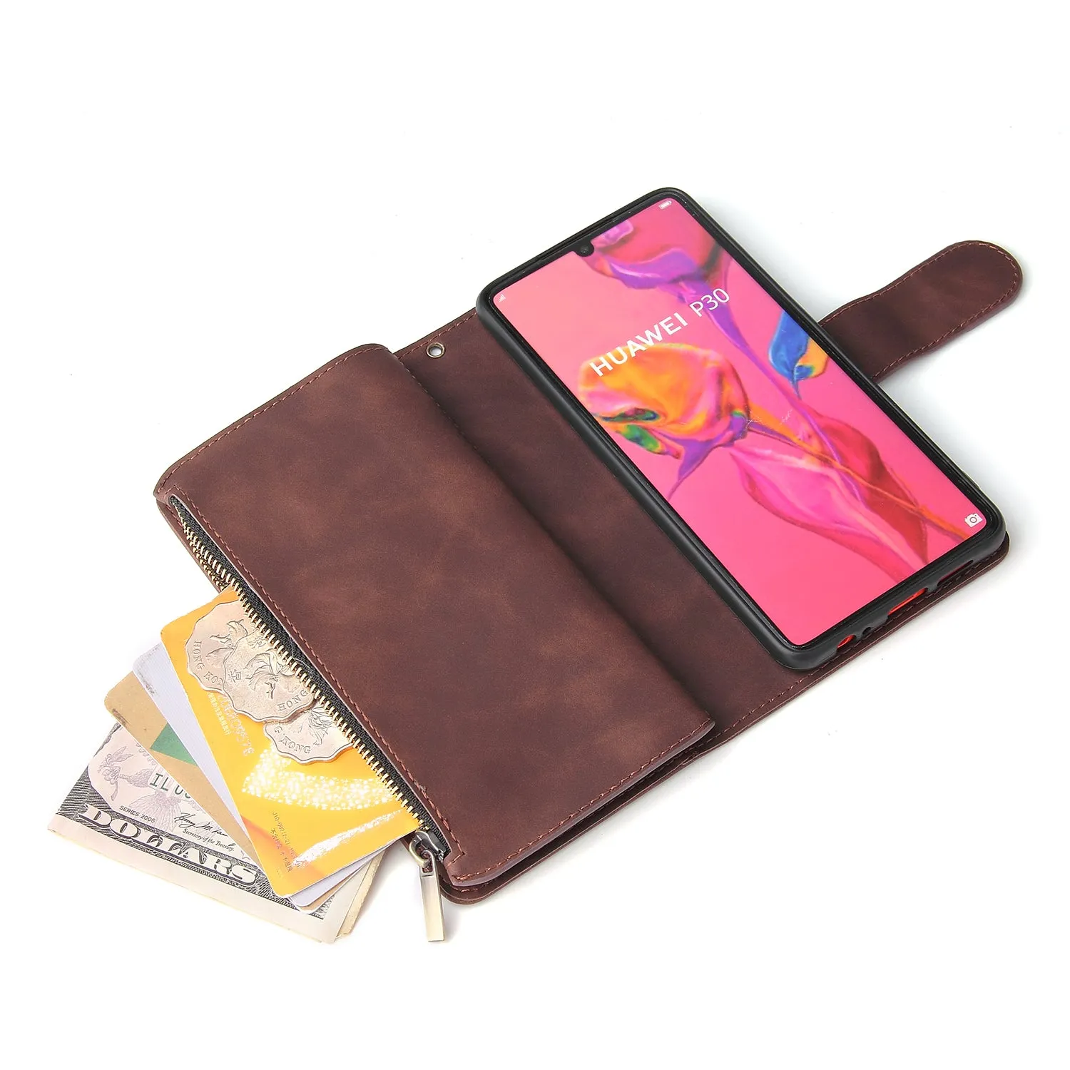 For HUAWEI P30 HUAWEI P30 lite HUAWEI P30 pro Multi-card Bracket Coin Wallet Zipper Mobile Phone PU Leather Phone Case  3 brown