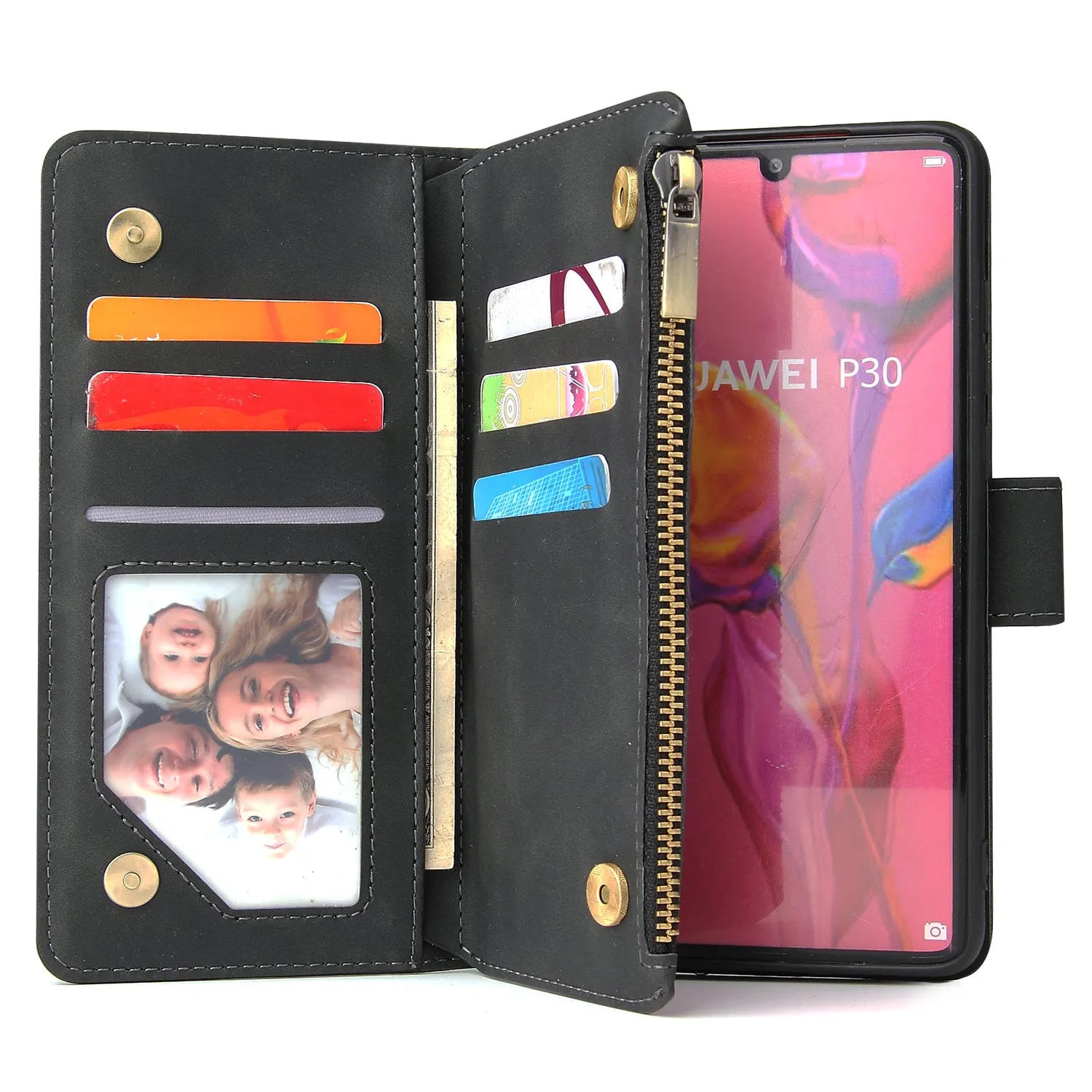 For HUAWEI P30 HUAWEI P30 lite HUAWEI P30 pro Multi-card Bracket Coin Wallet Zipper Mobile Phone PU Leather Phone Case  3 brown