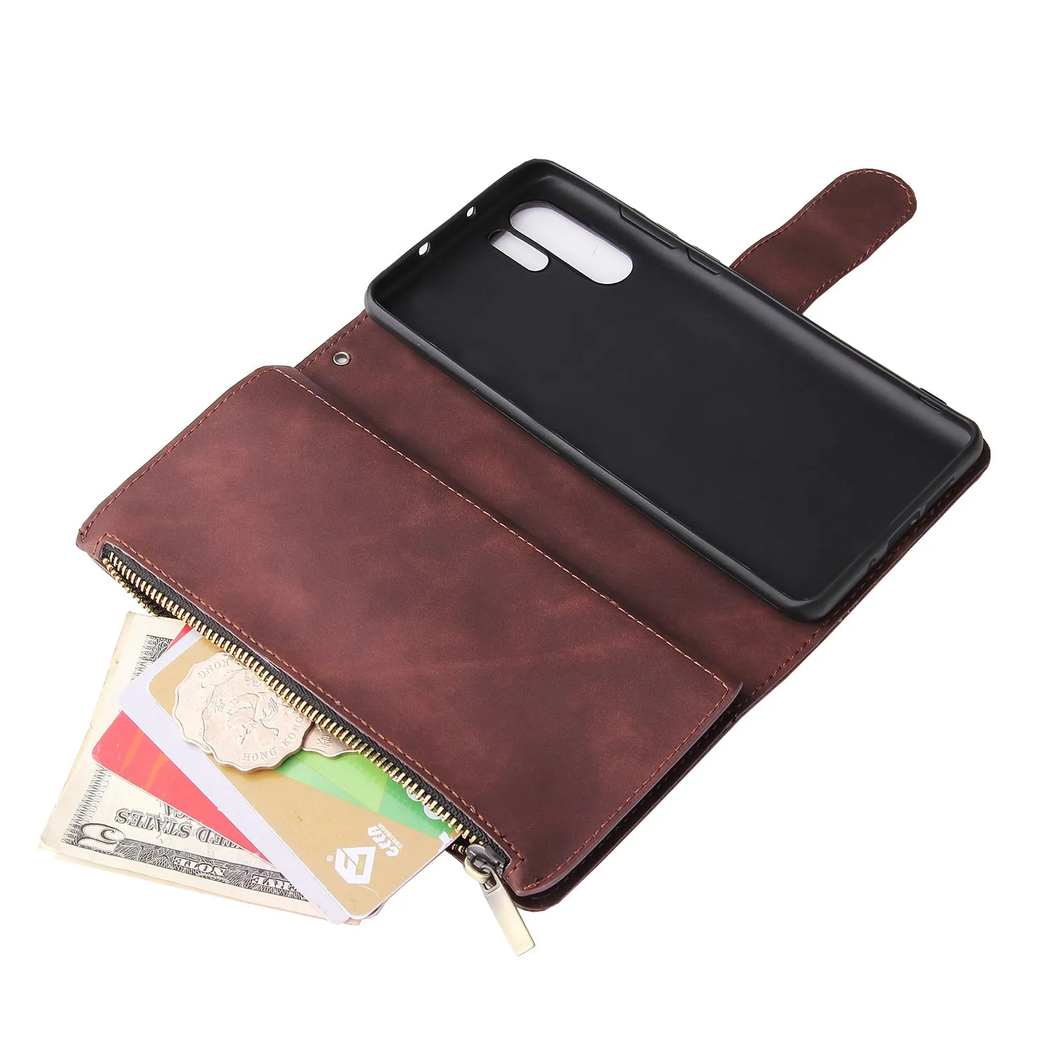 For HUAWEI P30 HUAWEI P30 lite HUAWEI P30 pro Multi-card Bracket Coin Wallet Zipper Mobile Phone PU Leather Phone Case  3 brown