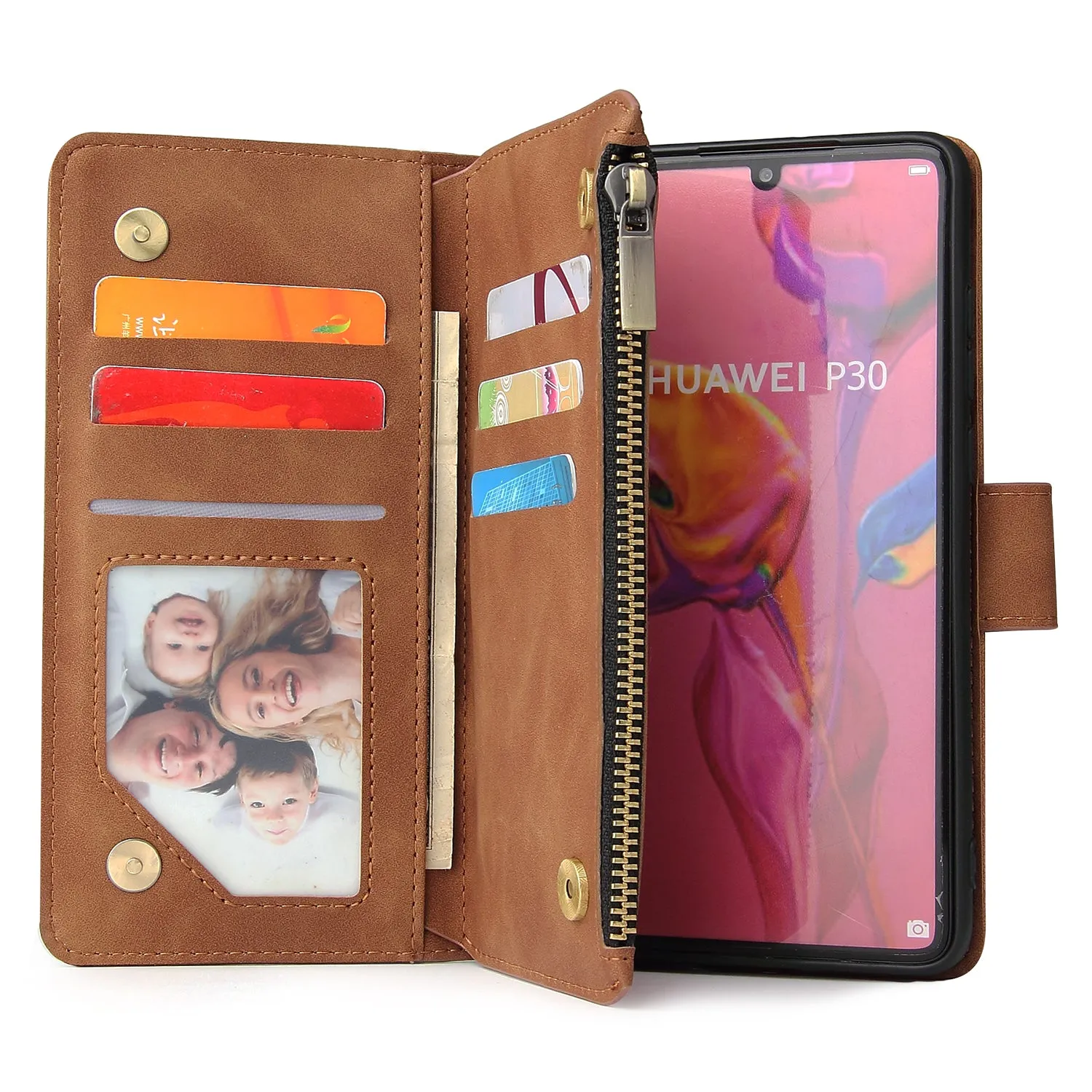 For HUAWEI P30 HUAWEI P30 lite HUAWEI P30 pro Multi-card Bracket Coin Wallet Zipper Mobile Phone PU Leather Phone Case  4 brown