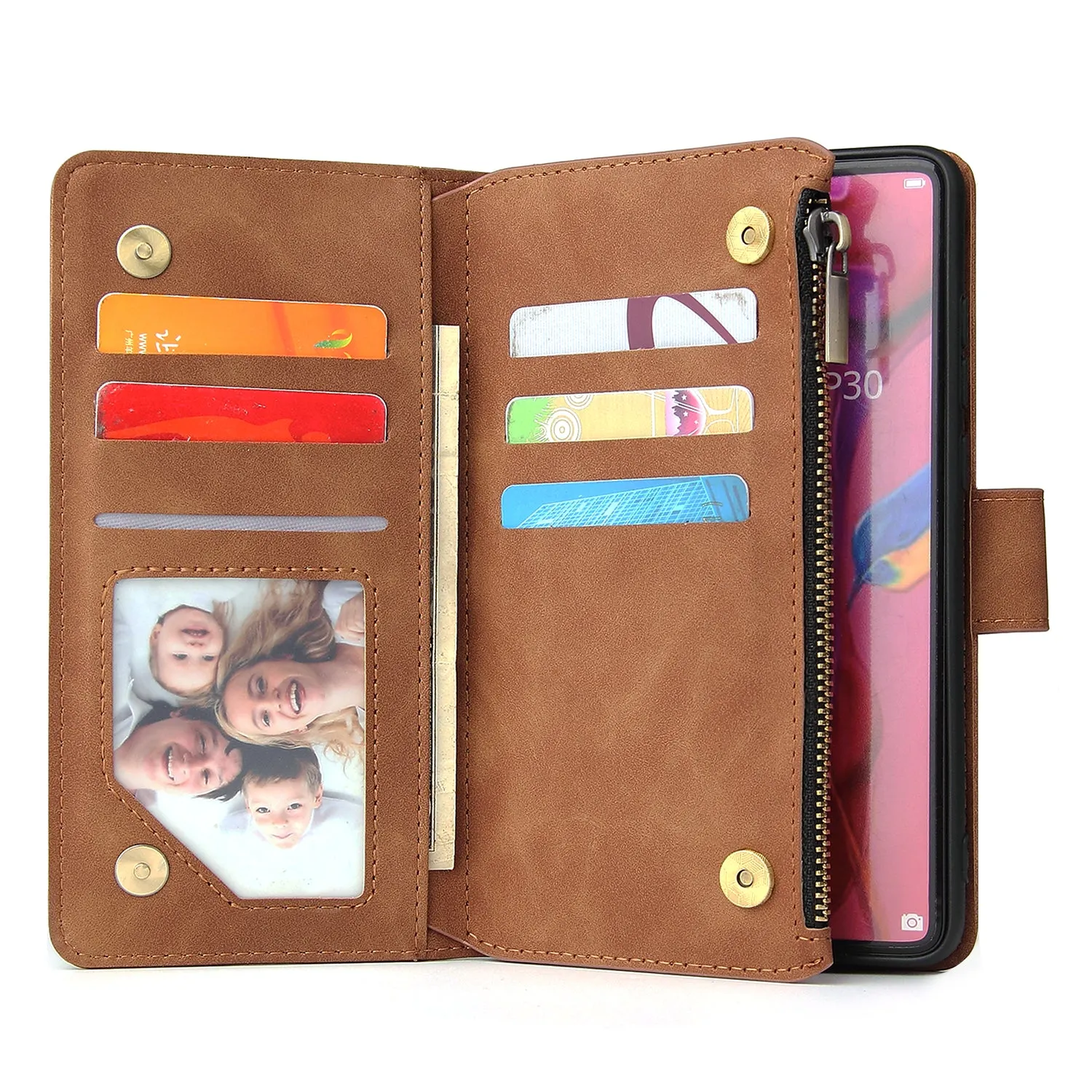 For HUAWEI P30 HUAWEI P30 lite HUAWEI P30 pro Multi-card Bracket Coin Wallet Zipper Mobile Phone PU Leather Phone Case  4 brown