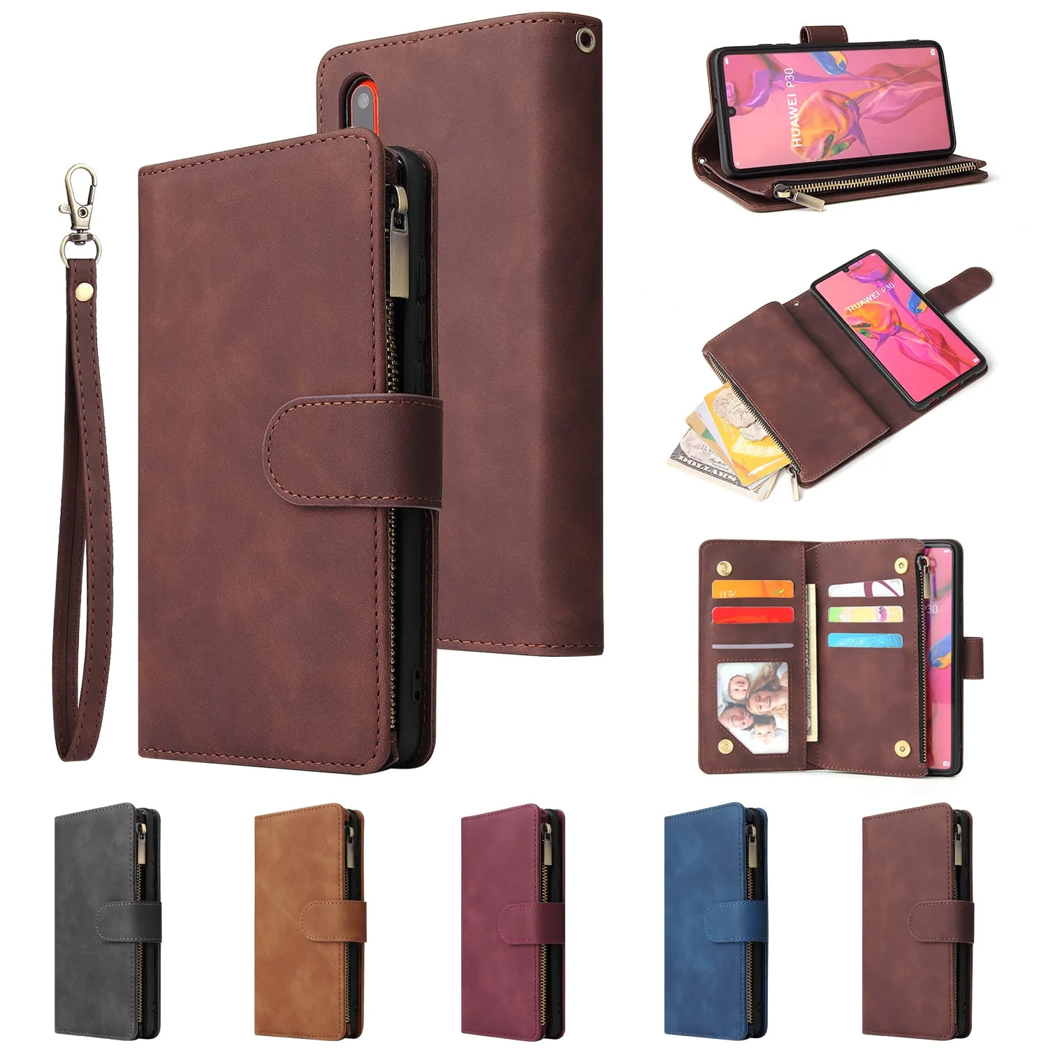 For HUAWEI P30 HUAWEI P30 lite HUAWEI P30 pro Multi-card Bracket Coin Wallet Zipper Mobile Phone PU Leather Phone Case  4 brown