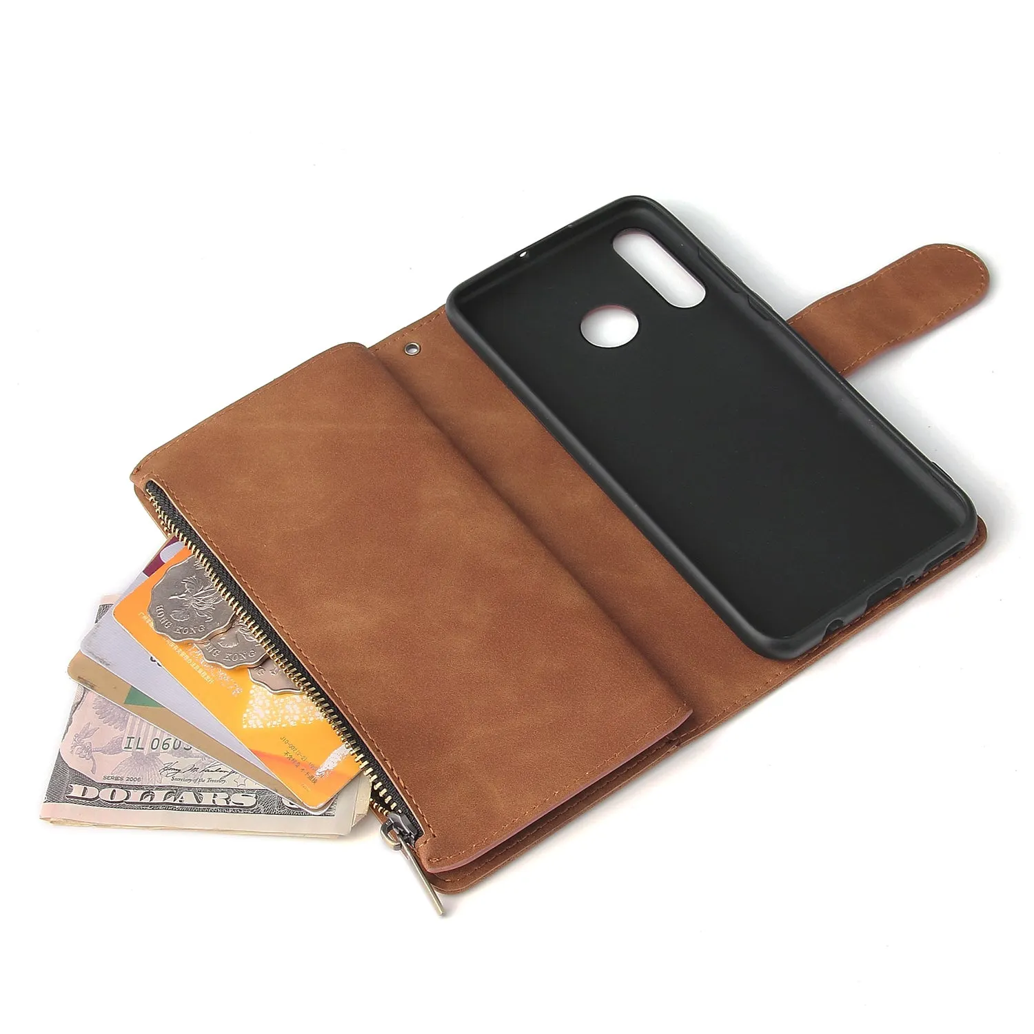 For HUAWEI P30 HUAWEI P30 lite HUAWEI P30 pro Multi-card Bracket Coin Wallet Zipper Mobile Phone PU Leather Phone Case  4 brown