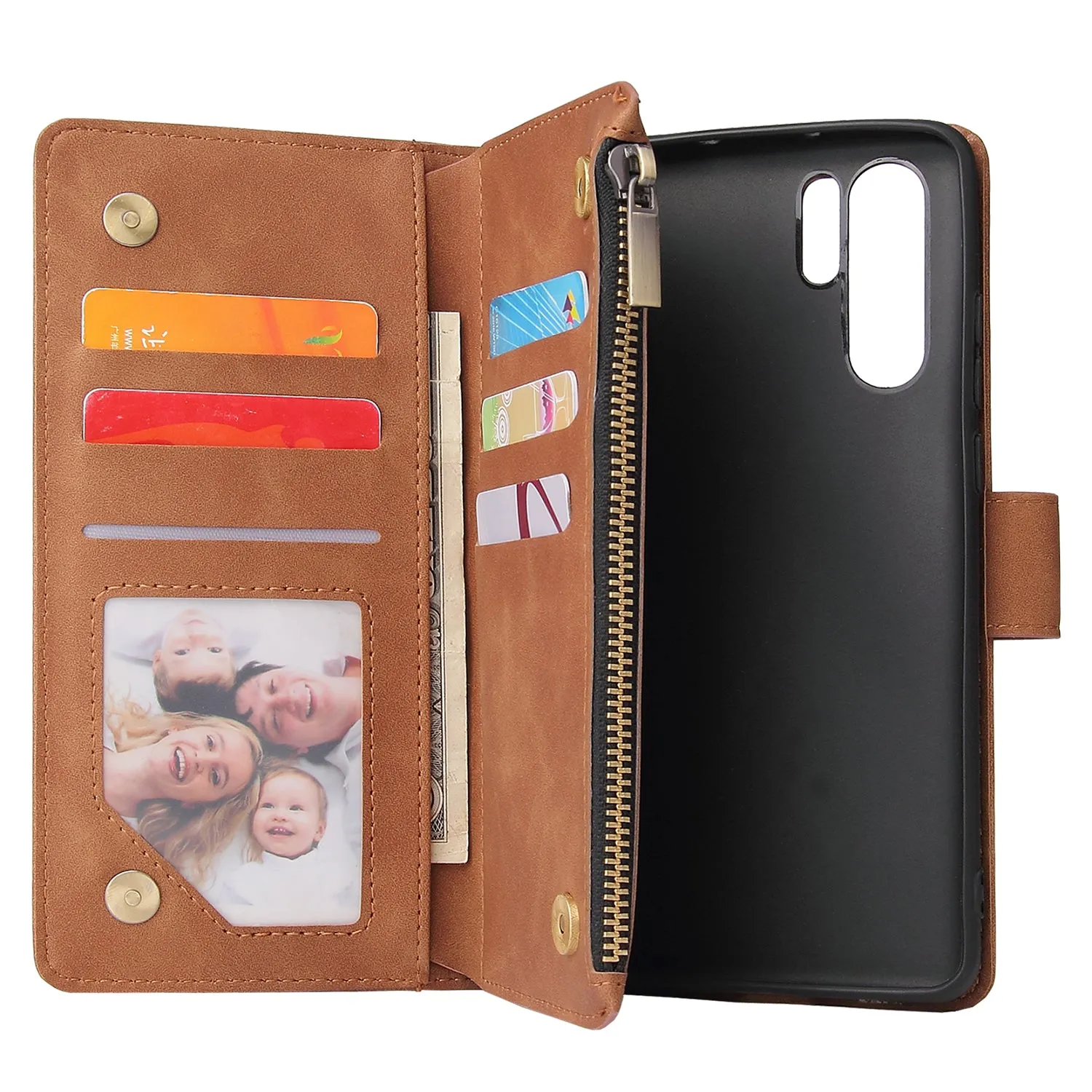 For HUAWEI P30 HUAWEI P30 lite HUAWEI P30 pro Multi-card Bracket Coin Wallet Zipper Mobile Phone PU Leather Phone Case  4 brown