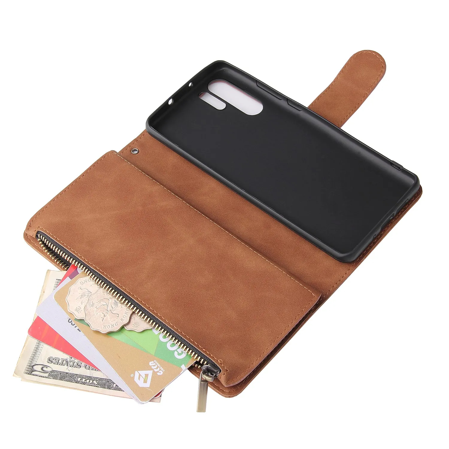 For HUAWEI P30 HUAWEI P30 lite HUAWEI P30 pro Multi-card Bracket Coin Wallet Zipper Mobile Phone PU Leather Phone Case  4 brown