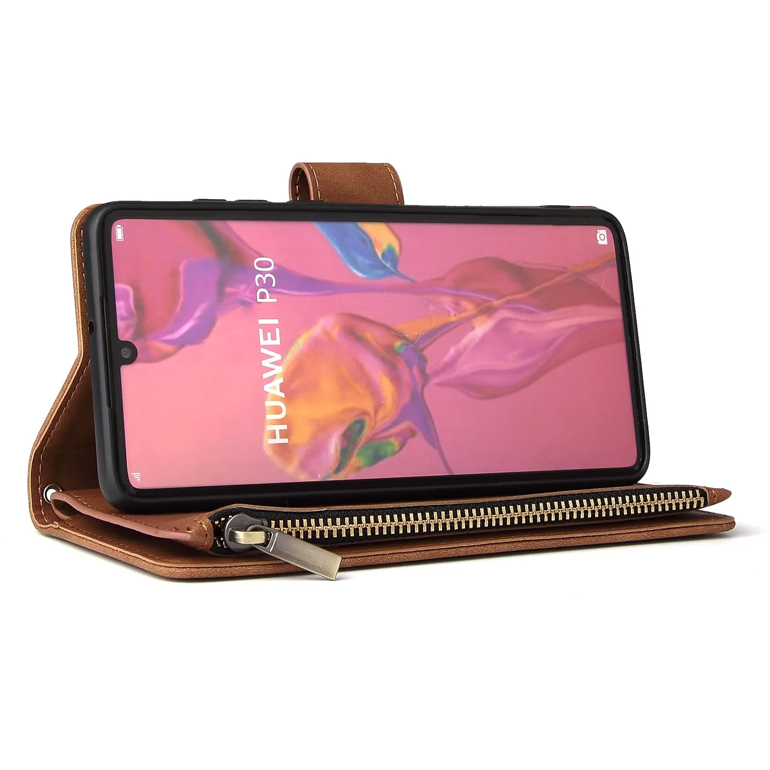 For HUAWEI P30 HUAWEI P30 lite HUAWEI P30 pro Multi-card Bracket Coin Wallet Zipper Mobile Phone PU Leather Phone Case  4 brown