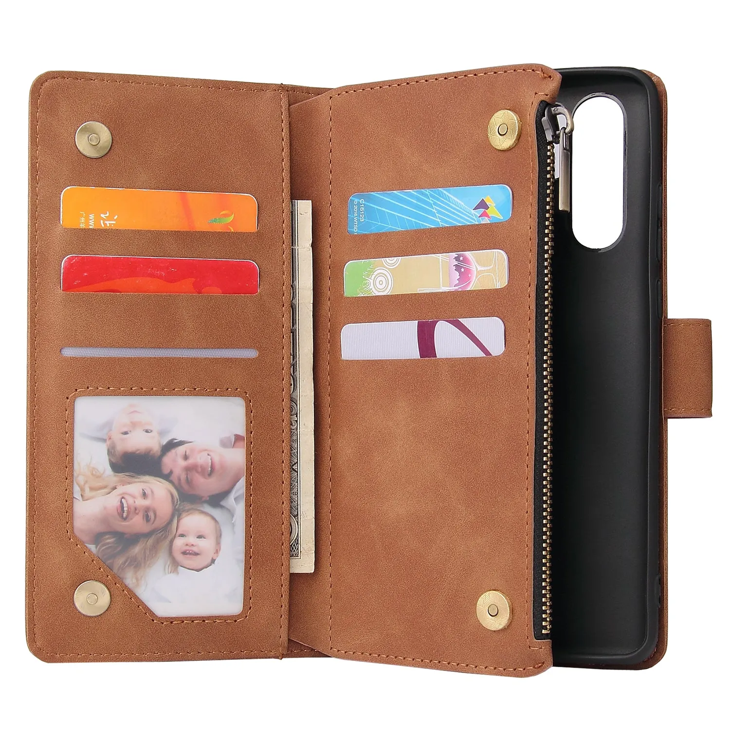 For HUAWEI P30 HUAWEI P30 lite HUAWEI P30 pro Multi-card Bracket Coin Wallet Zipper Mobile Phone PU Leather Phone Case  4 brown