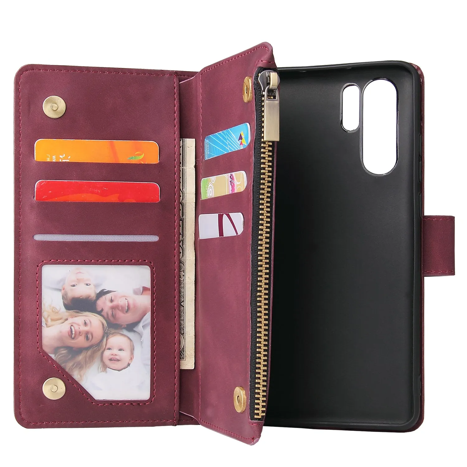For HUAWEI P30 HUAWEI P30 lite HUAWEI P30 pro Multi-card Bracket Coin Wallet Zipper Mobile Phone PU Leather Phone Case  5 wine red