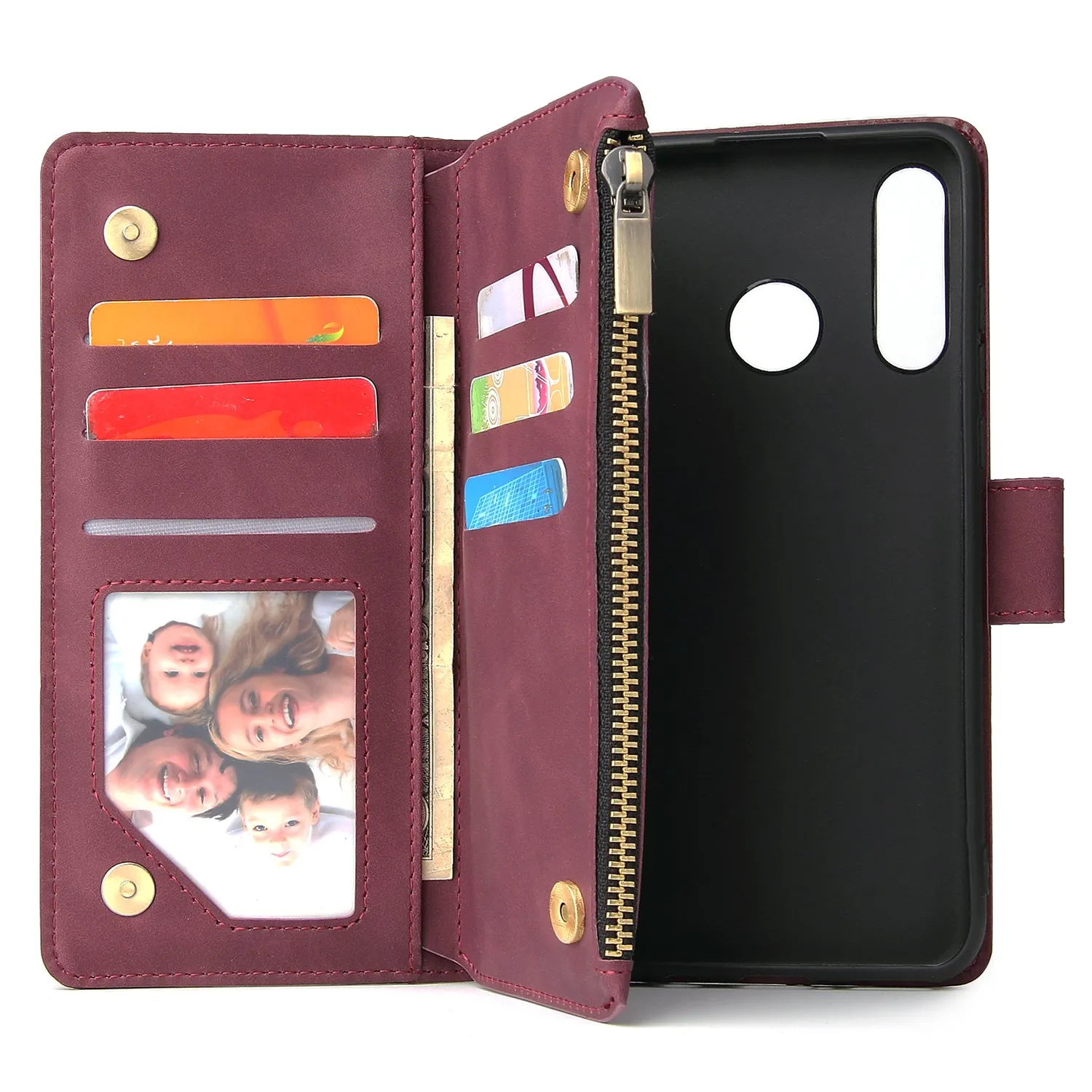 For HUAWEI P30 HUAWEI P30 lite HUAWEI P30 pro Multi-card Bracket Coin Wallet Zipper Mobile Phone PU Leather Phone Case  5 wine red