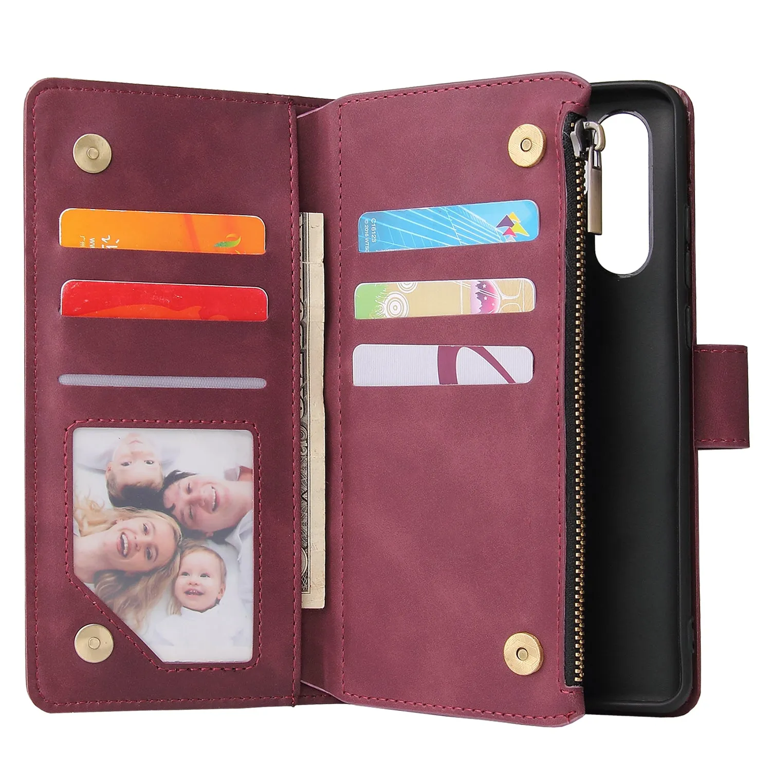 For HUAWEI P30 HUAWEI P30 lite HUAWEI P30 pro Multi-card Bracket Coin Wallet Zipper Mobile Phone PU Leather Phone Case  5 wine red